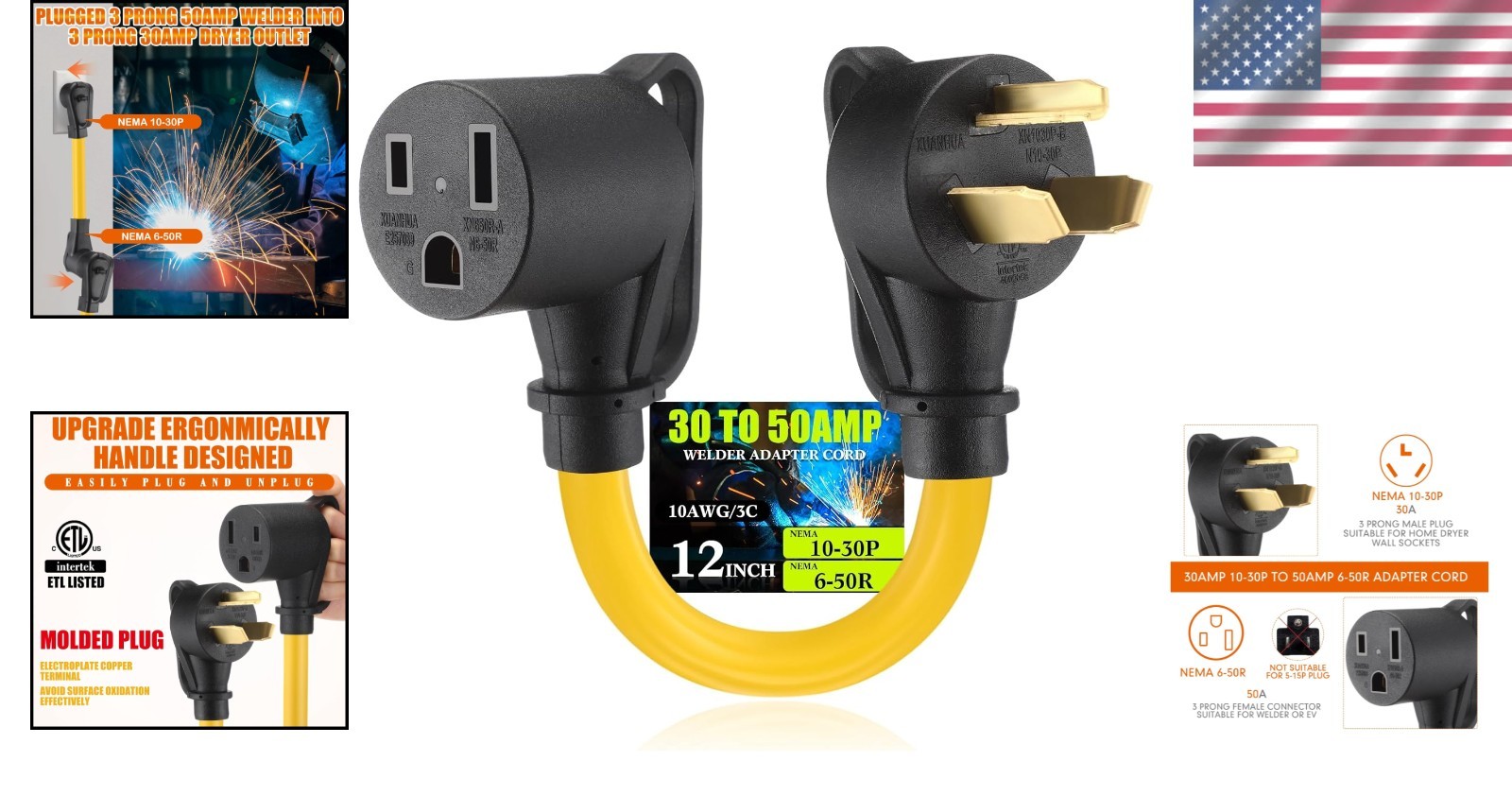 1 FT NEMA 10-30P to 6-50R 30Amp to 50Amp Welder Adapter Cord, NEMA 10-30P Mal…