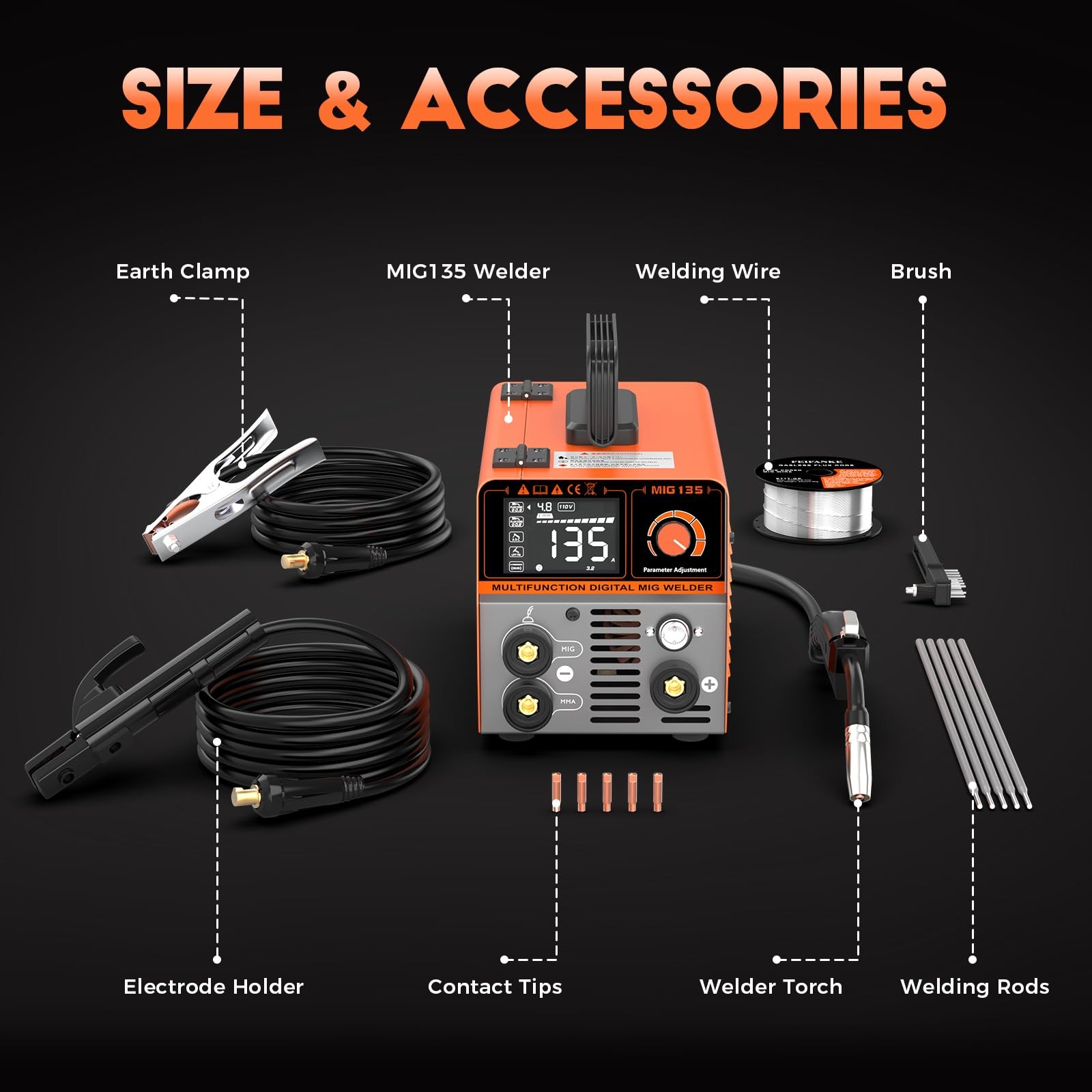 135A MIG Welder, Potable Stick/Lift TIG/Flux Core MIG 3 In 1 Multiprocess Flux