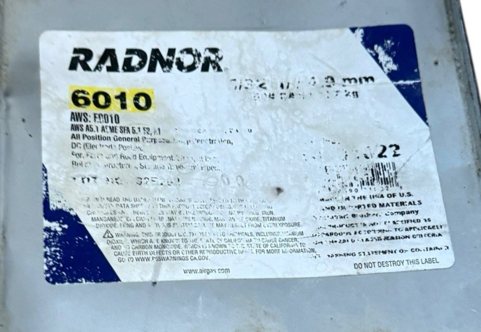 RADNOR 6010 Carbon Steel Welding Electrodes, 14″ (Airgas) 50 lb Can