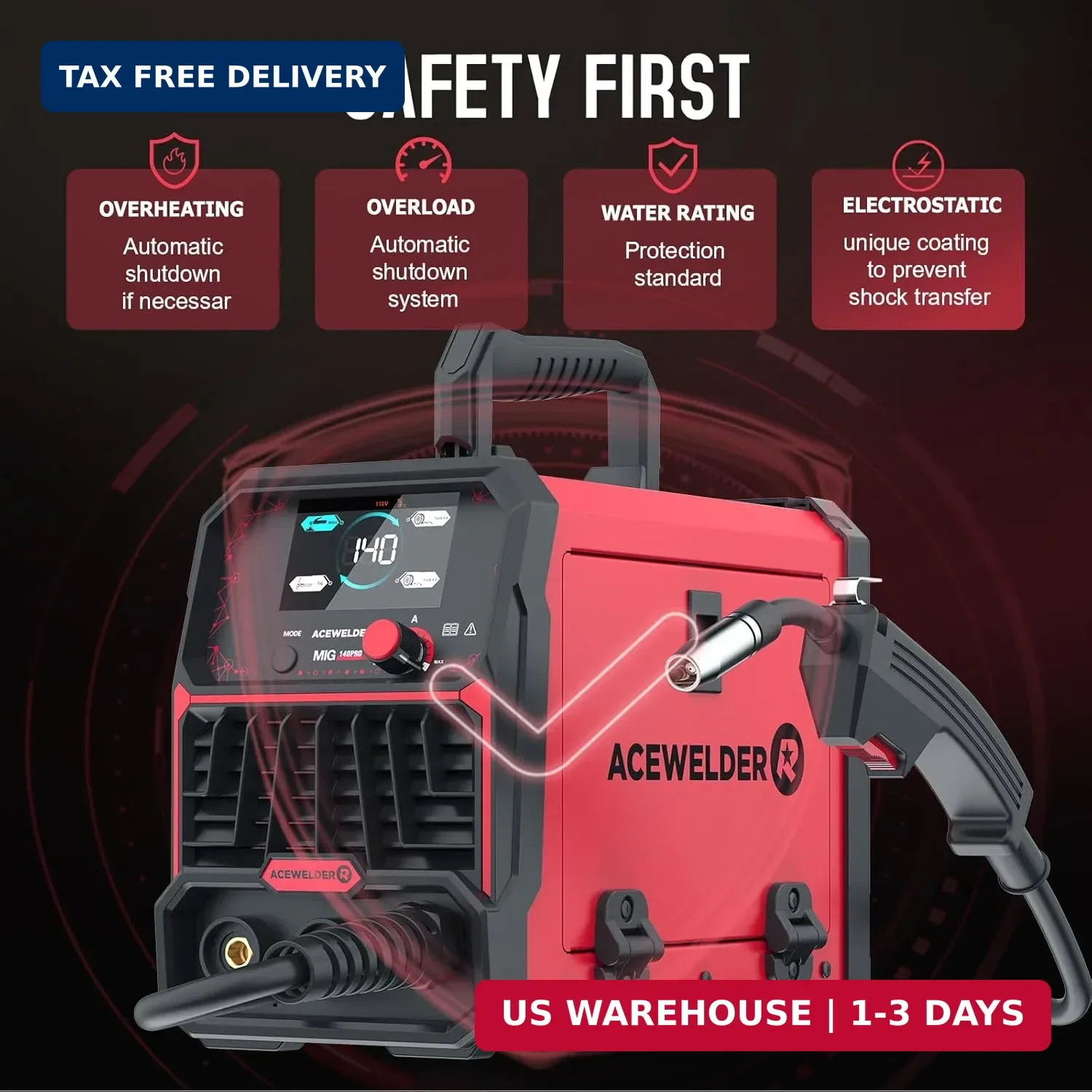 ACEWELDER 140A MIG Welder, 3 in 1 Flux Core, MIG/LIFT TIG/Stick Welding Machine