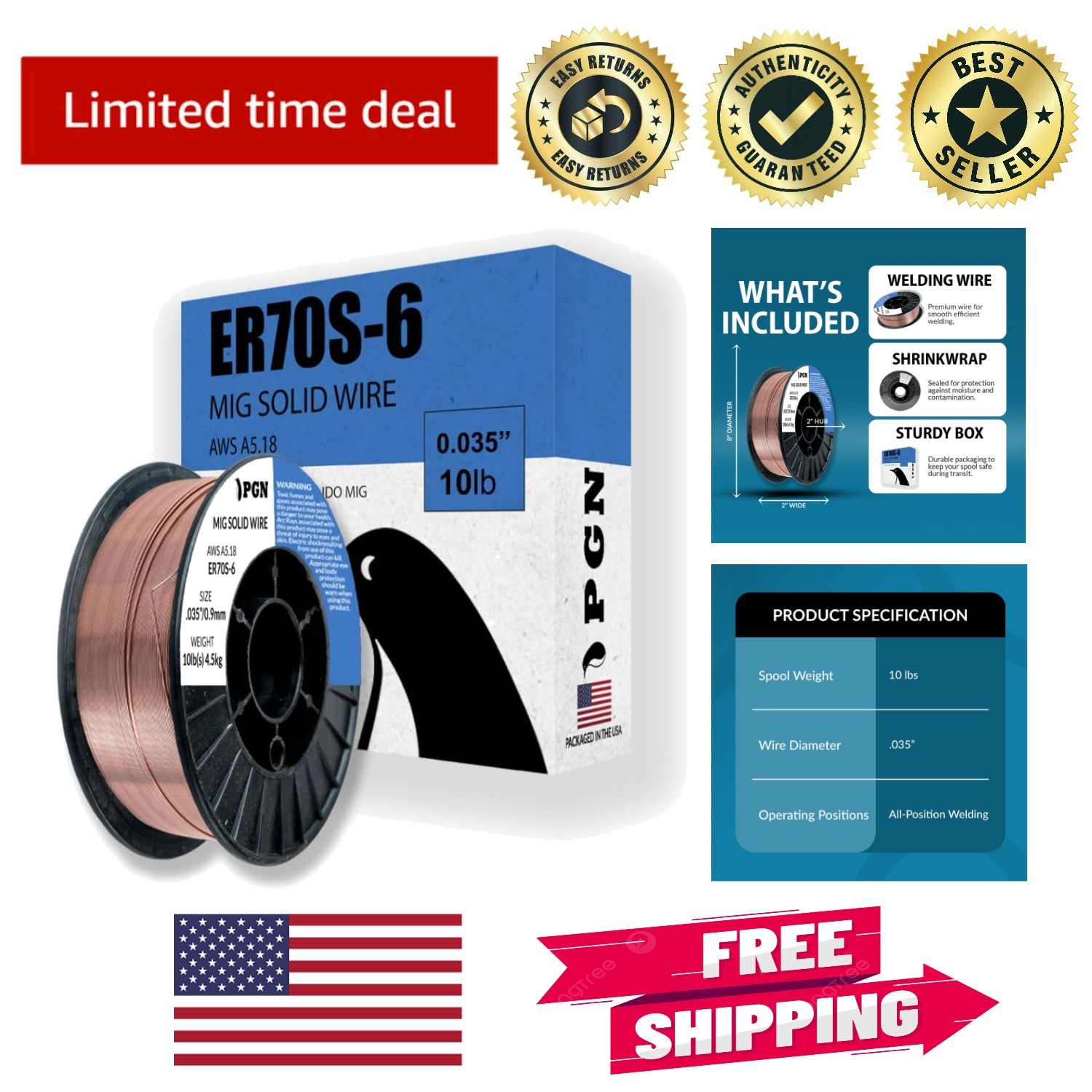 Versatile PGN .035 Inch Solid MIG Welding Wire ER70S-6 for All Positions – 10 lb