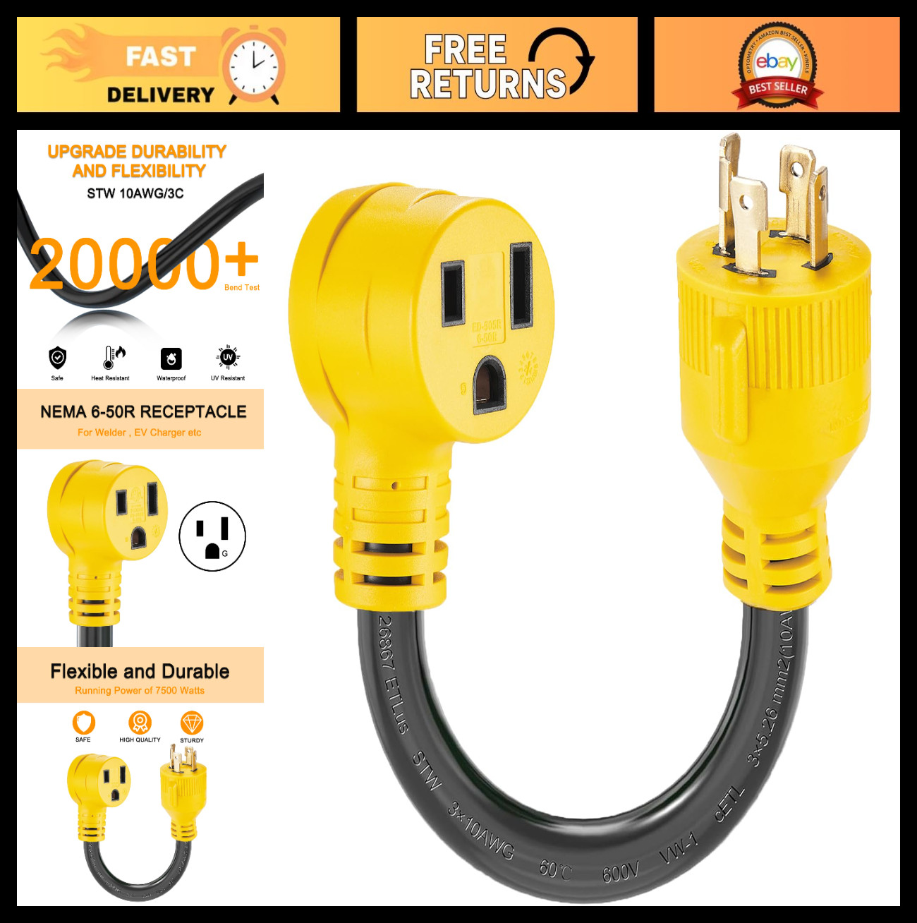 30 Amp Welder Adapter Cord 1.5FT, NEMA L14-30P to 6-50R, Heavy Duty 10 AWG