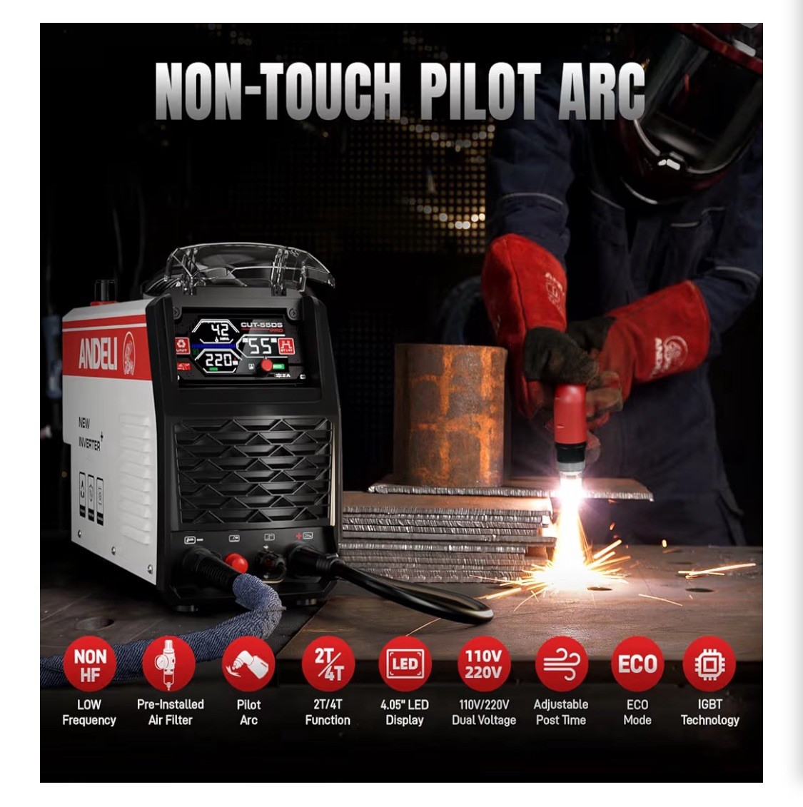 ANDELI CUT-50DS Inverter Plasma Cutter 55A w/ Torch, Clamp, Gas Hose, Box
