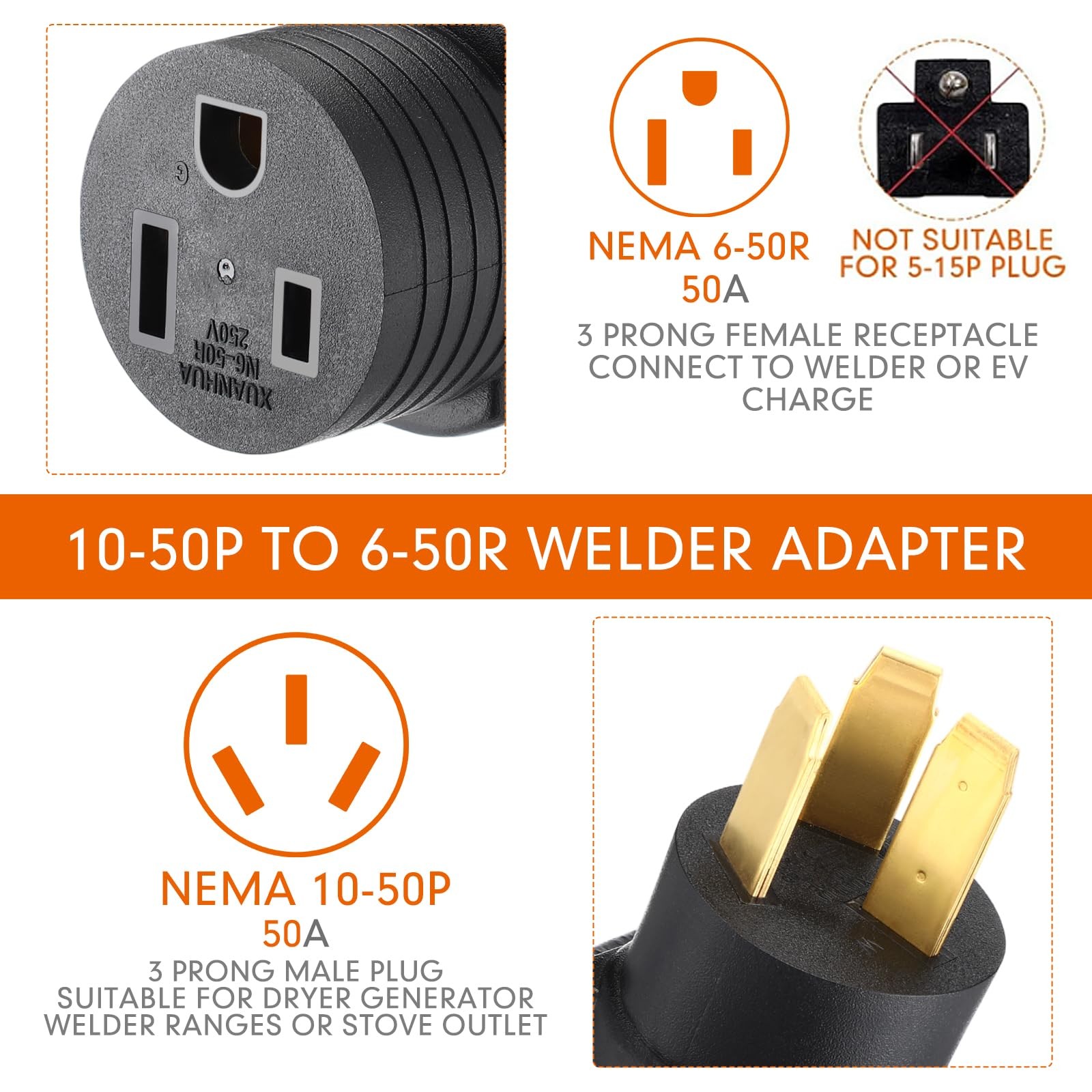 Kanayu NEMA 10-50P to 6-50R 50Amp Welder Adapter 50 Amp 3 Prong Oven Black