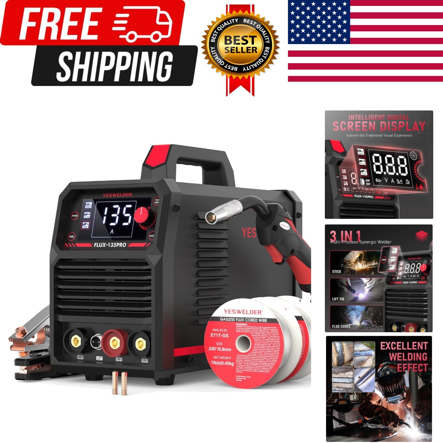 35A MIG Welder, 0V Flux Core Gasless MIG/Lift TIG/Stick 3-in- | clear digital…