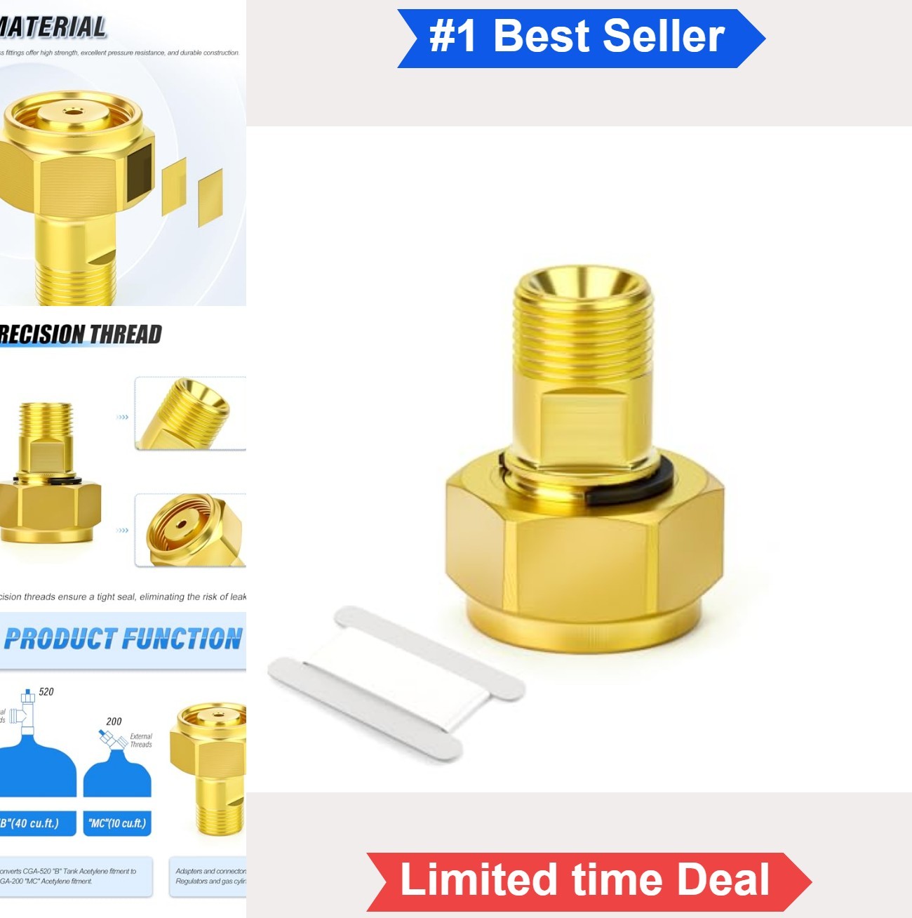 Acetylene Cylinder Adapter Brass CGA-520 B Tank to CGA-200 Regulator for Welding