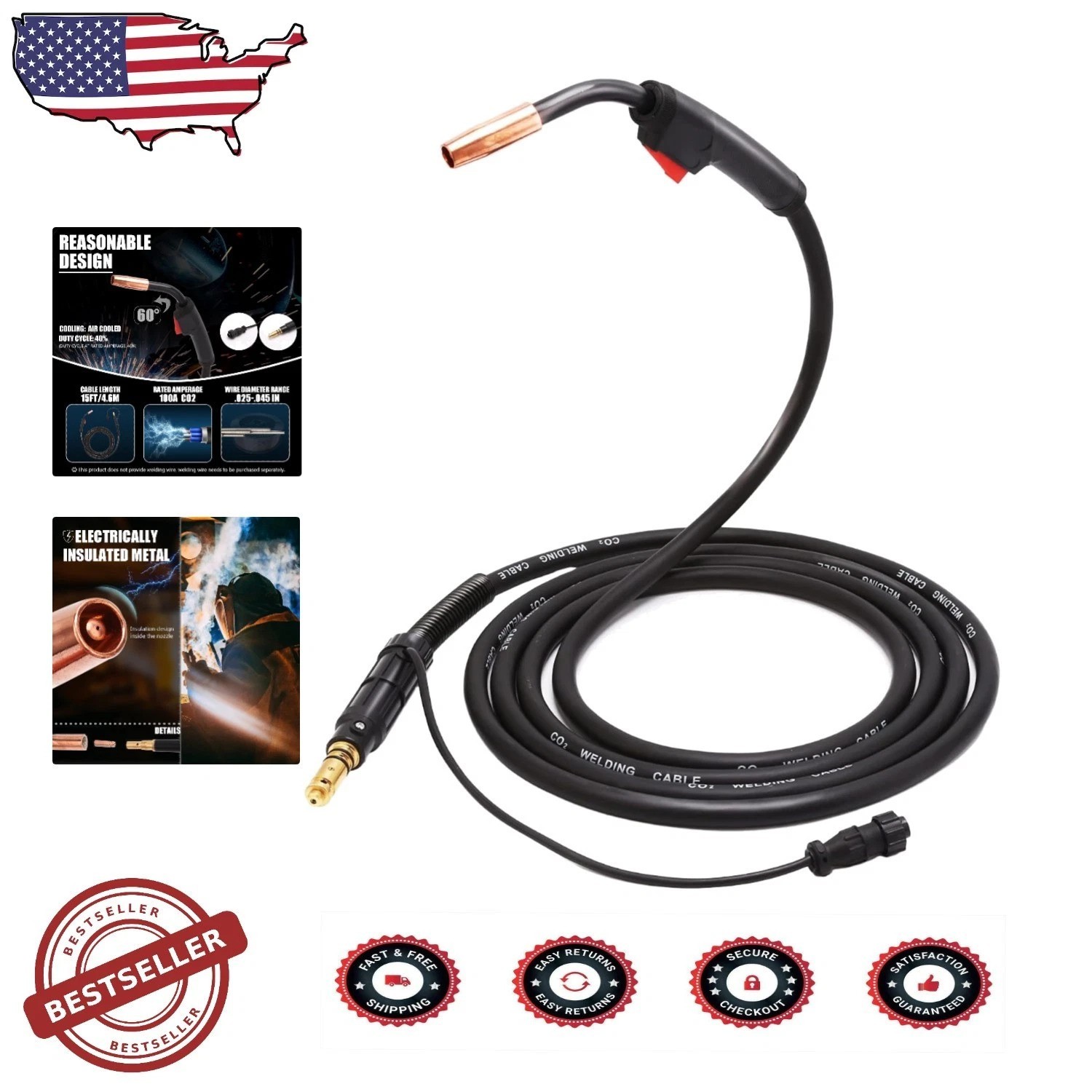 Heavy Duty 15ft 100 Amp MIG Welding Gun – Durable Copper PVC Rubber