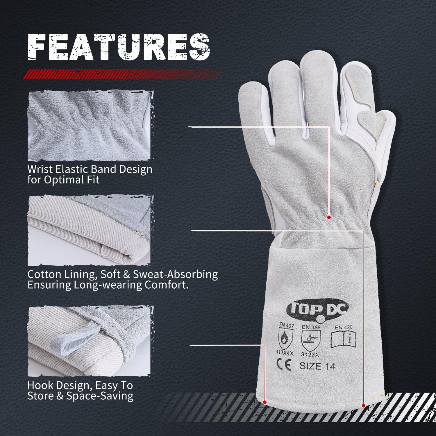 Premium Goatskin Leather Welding Gloves,Split Cowhide Back,14 Inch Large