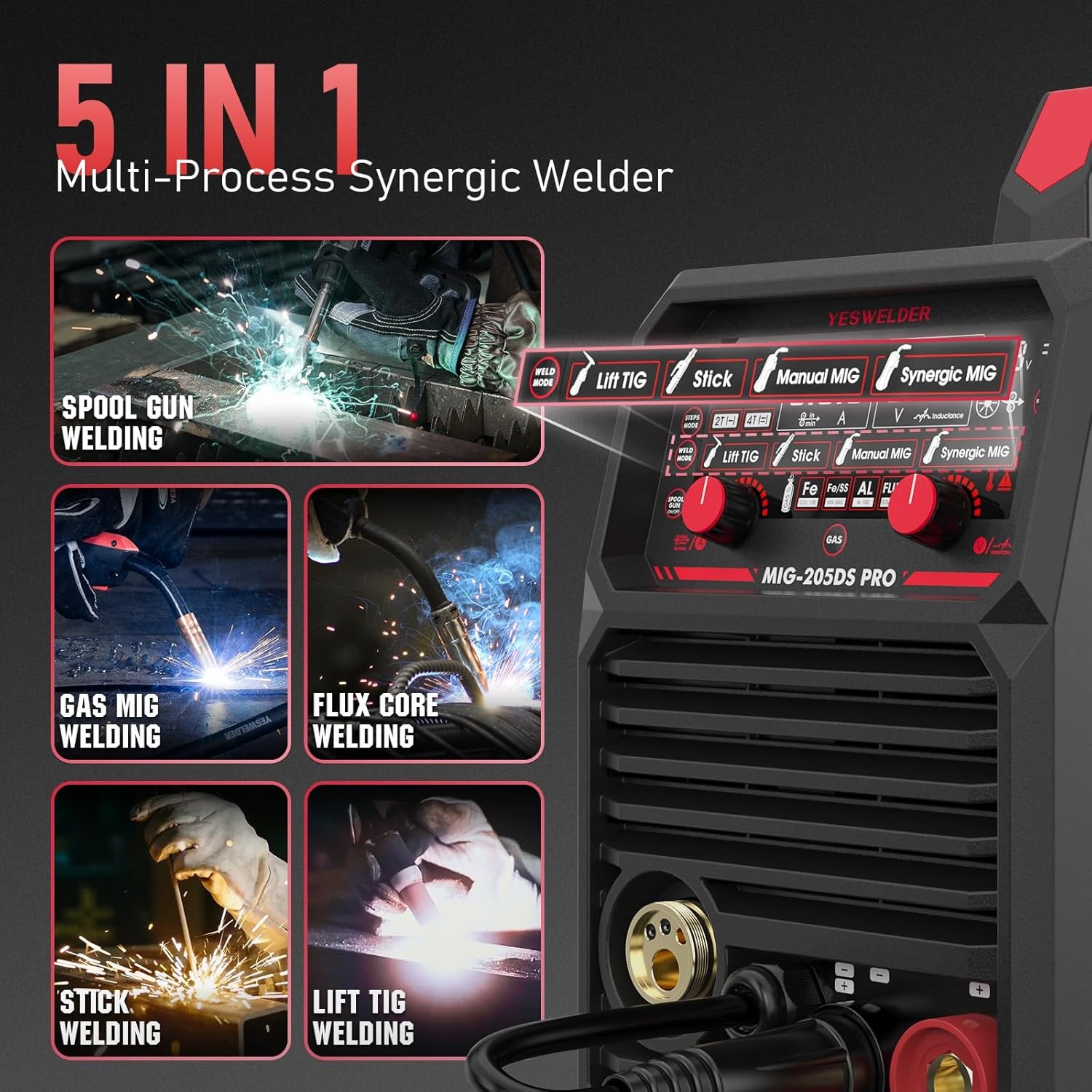 205A MIG Welder, 110/220V, Gas/Gasless/Lift TIG/Stick 3 in 1 Welding Machine