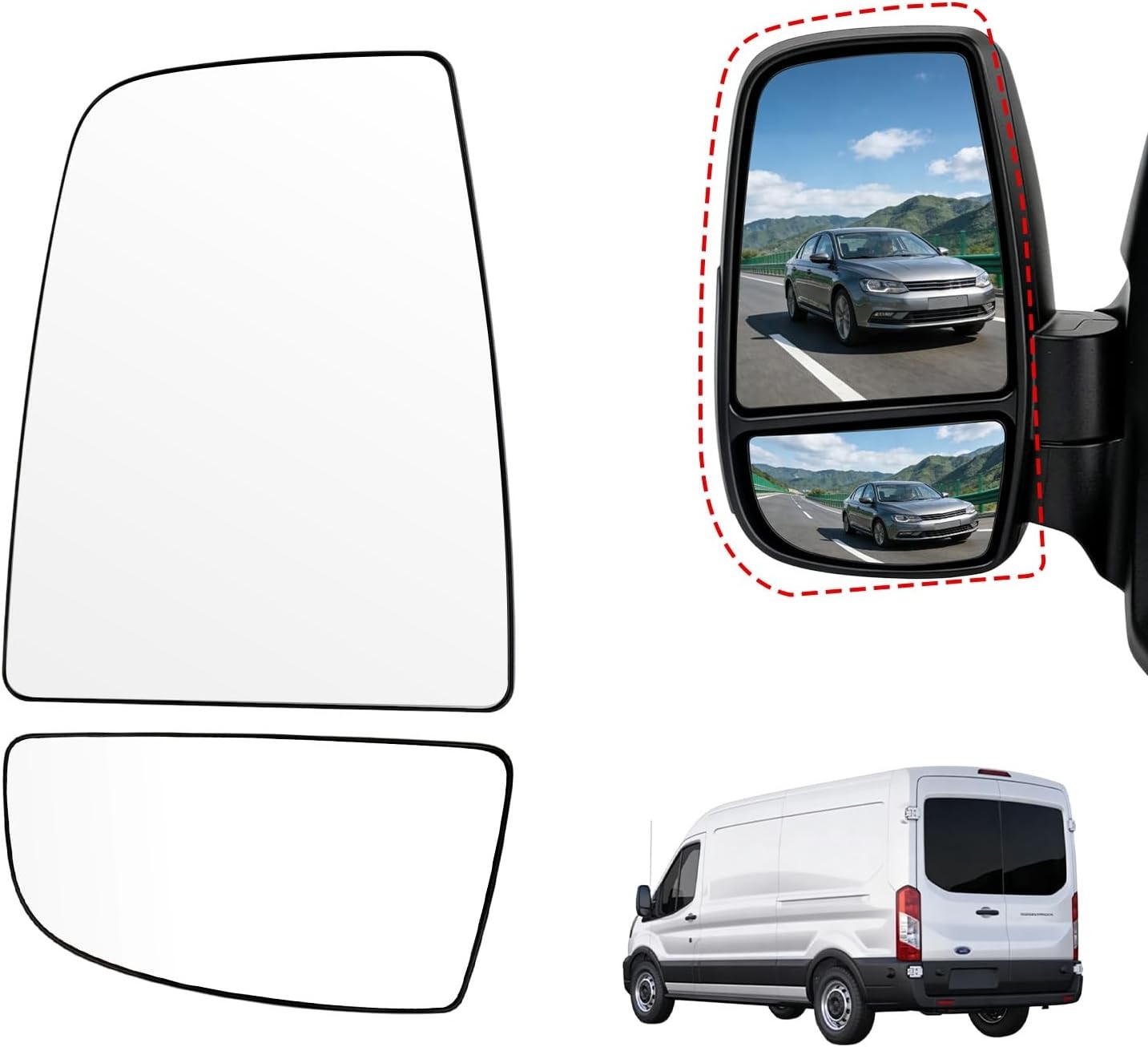 Driver Left Side Upper & Lower Mirror Glass for Ford Transit 150 250 350 2015-20