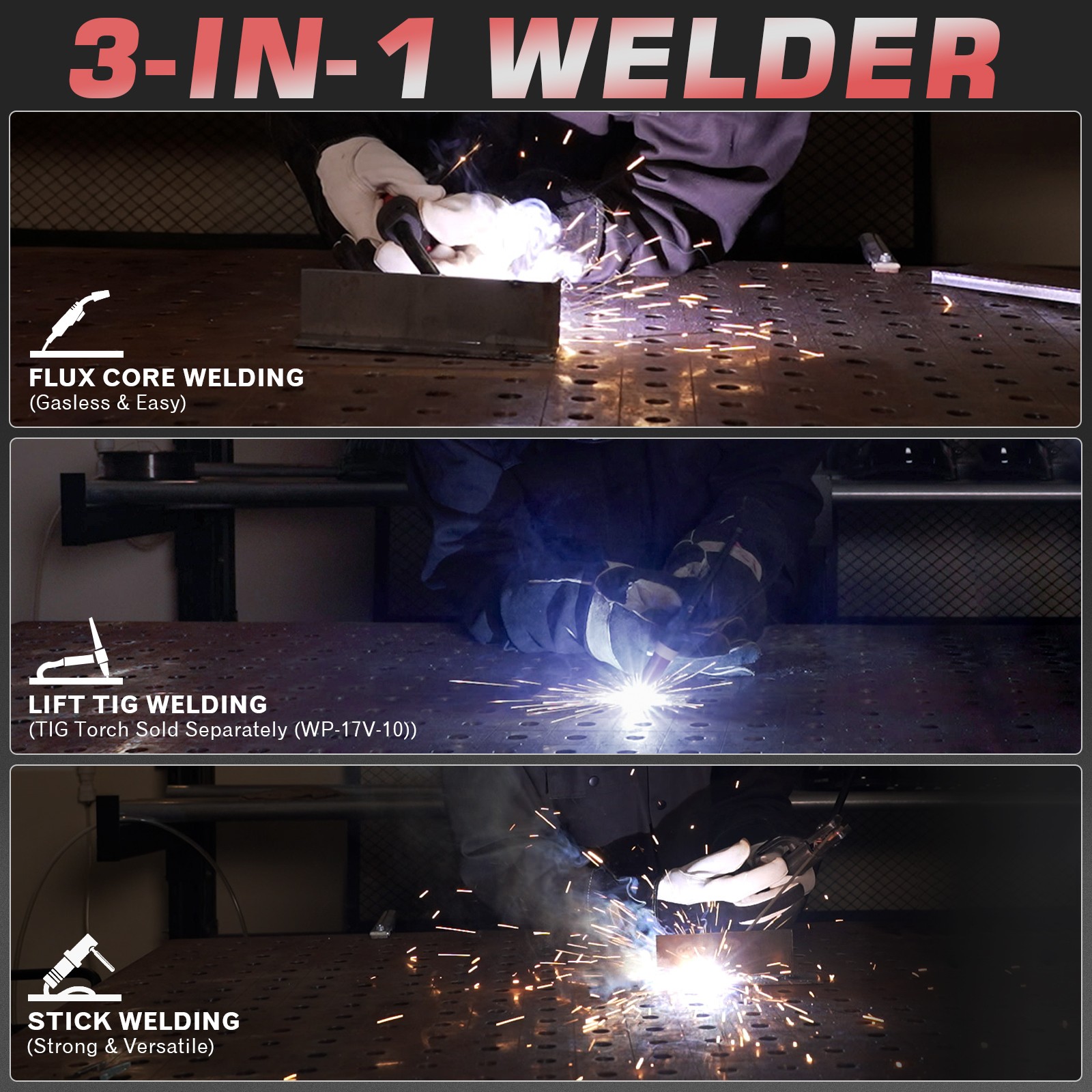140A MIG Welder 110V, 3-in-1 Flux Core/Lift TIG/Stick, Large LED Display, IGBT