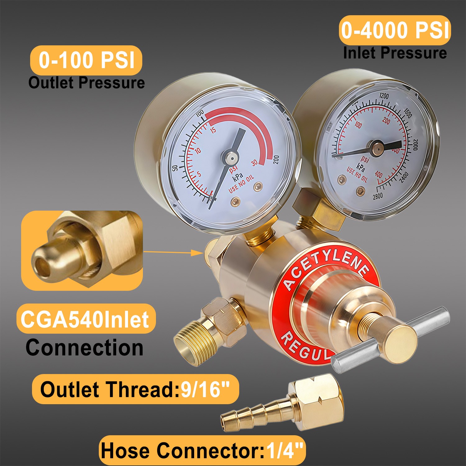 Acetylene Welding Gas Regulator CGA200 0-400PSI Precision Gauges 9/16″-18 Outlet