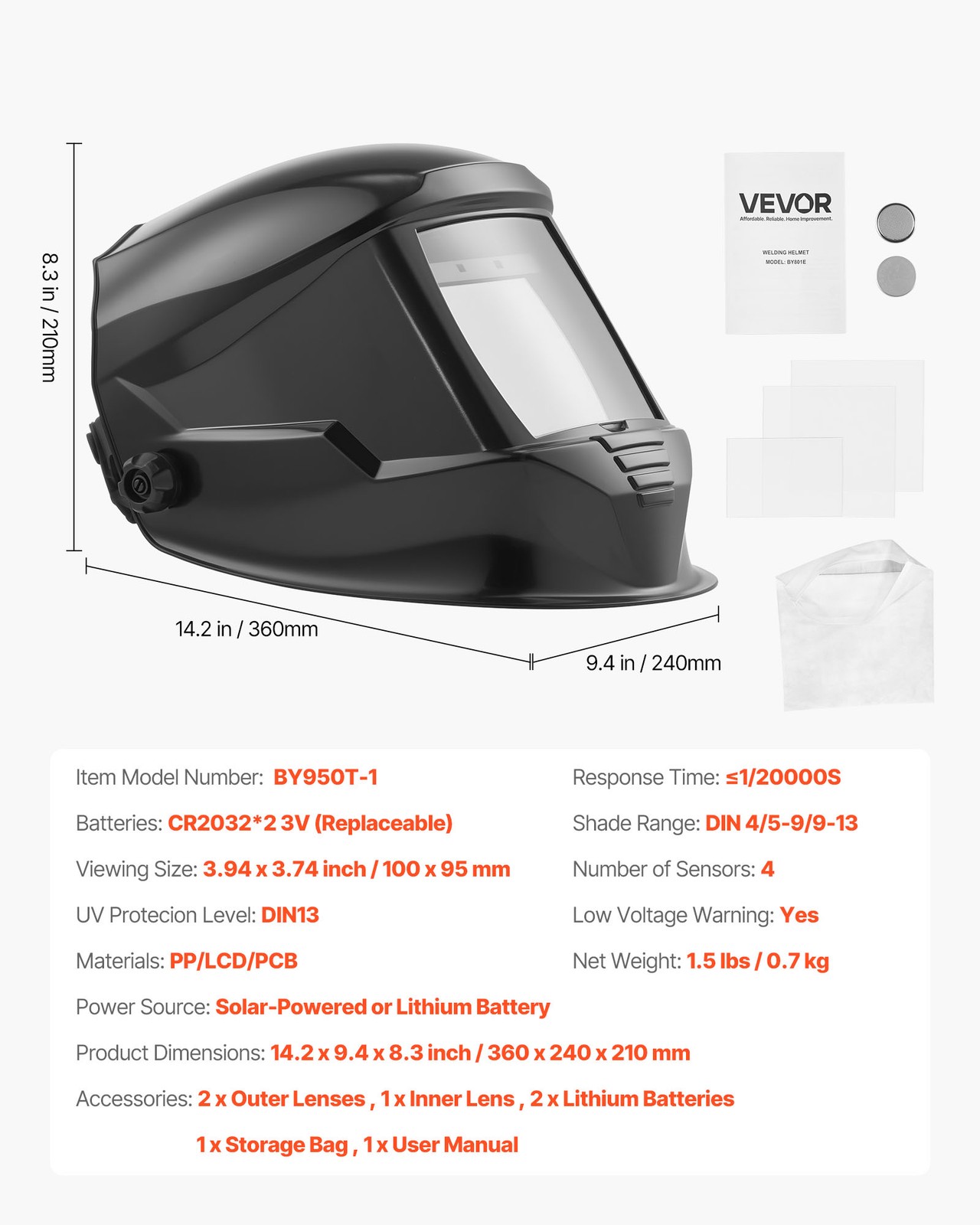 VEVOR Welding Helmet Auto Darkening 3.94″ x 3.74″ True Color Welding Hood Mask
