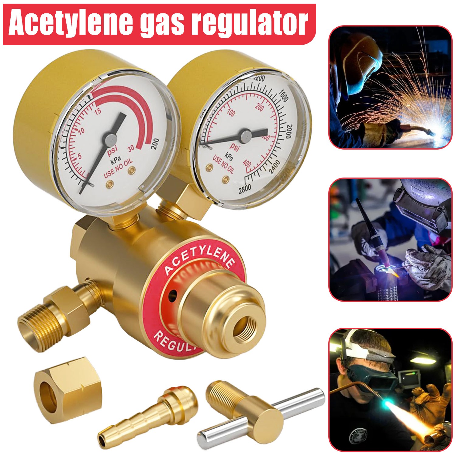 Acetylene Welding Gas Regulator CGA200 0-400PSI Precision Gauge 9/16″-18 Outlet