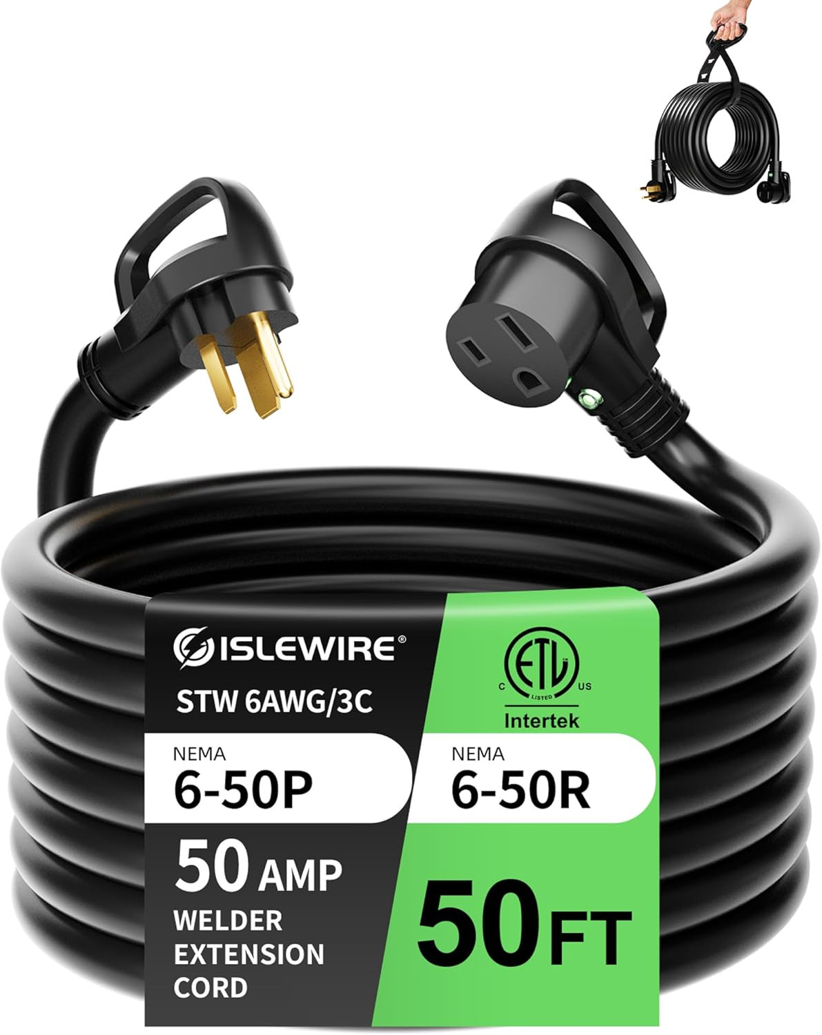 6 AWG 250V Welder Extension Cord, 50Ft Outdoor NEMA 6-50 Welder Cord with Light