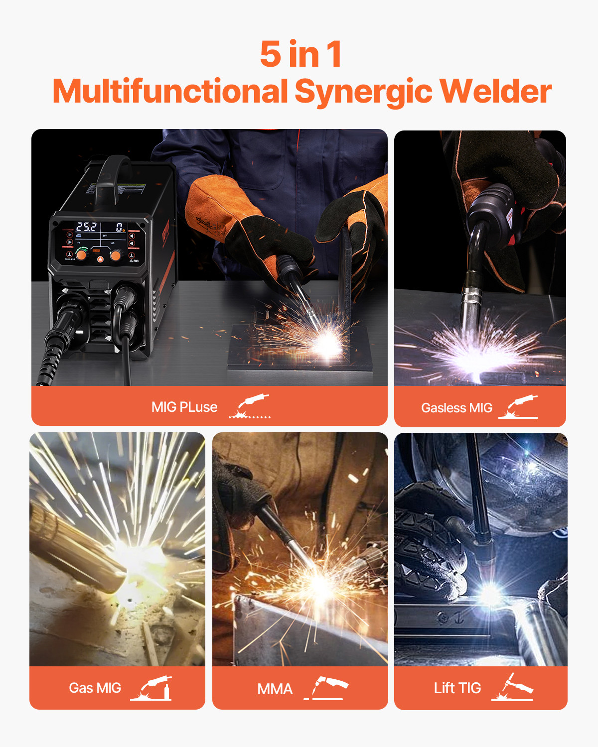 Pro MIG Welder 250A Pluse Mig Welding Machine 5-in-1 Synergic Welder Machine