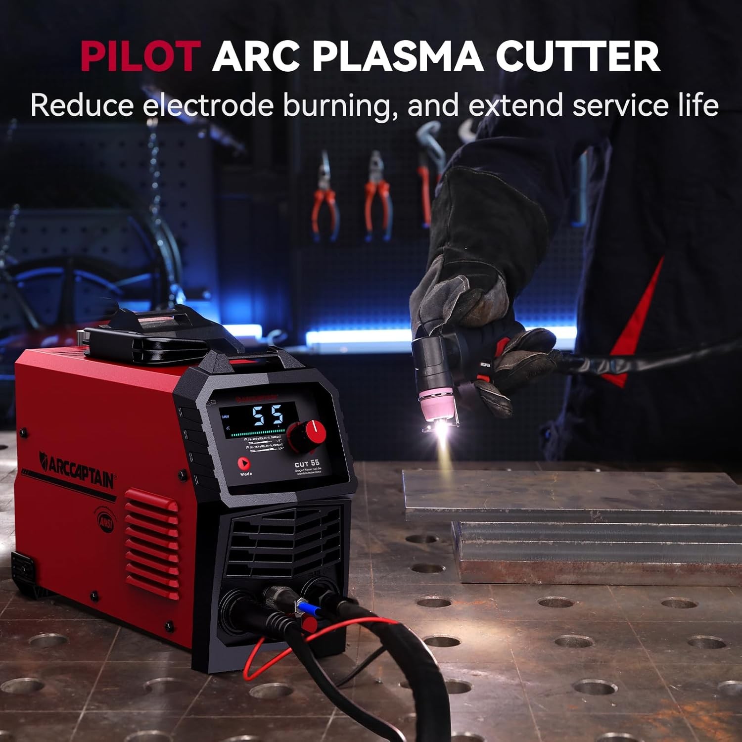 55A Plasma Cutter, Large LED Display, Non-Touch Pilot ARC Plasma Cutting Machine