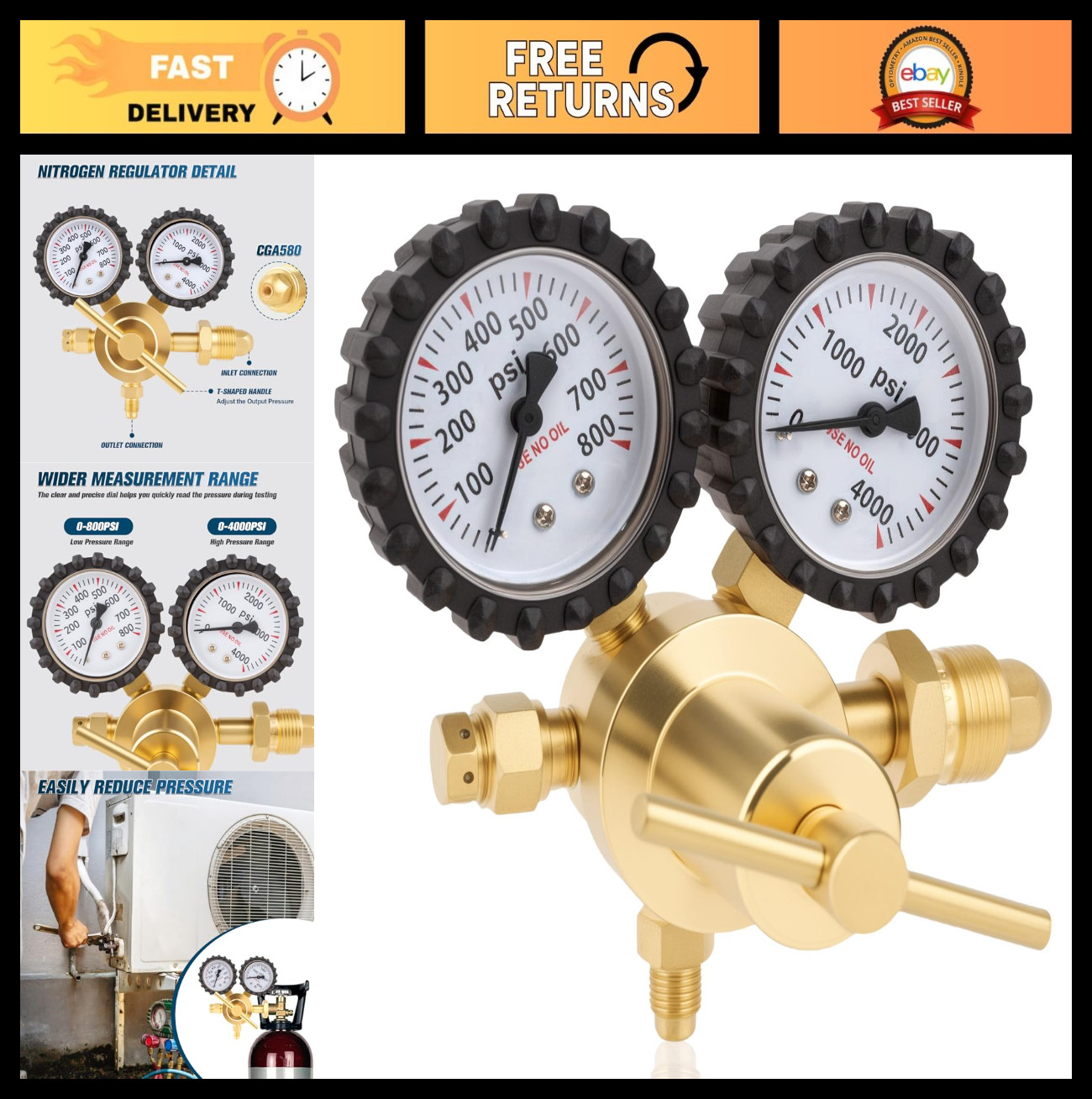 Nitrogen Regulator 0-800 PSI for HVAC Purging, Leak Testing & Welding – CGA580 I