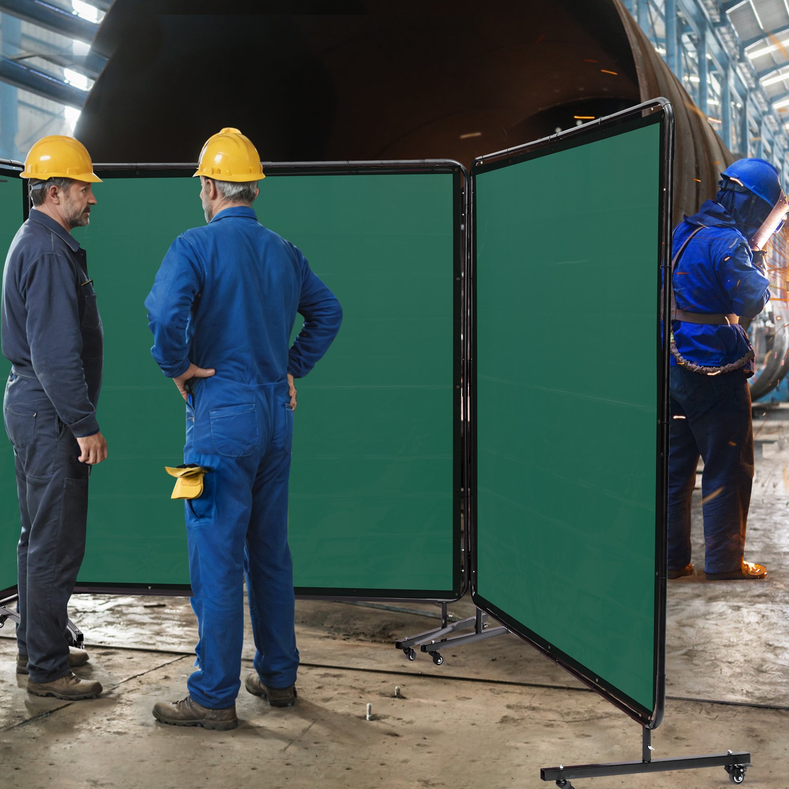 Uimoso Three-Panel Welding Screen with Frame, 6′ x 6′, Includes 12 Wheels