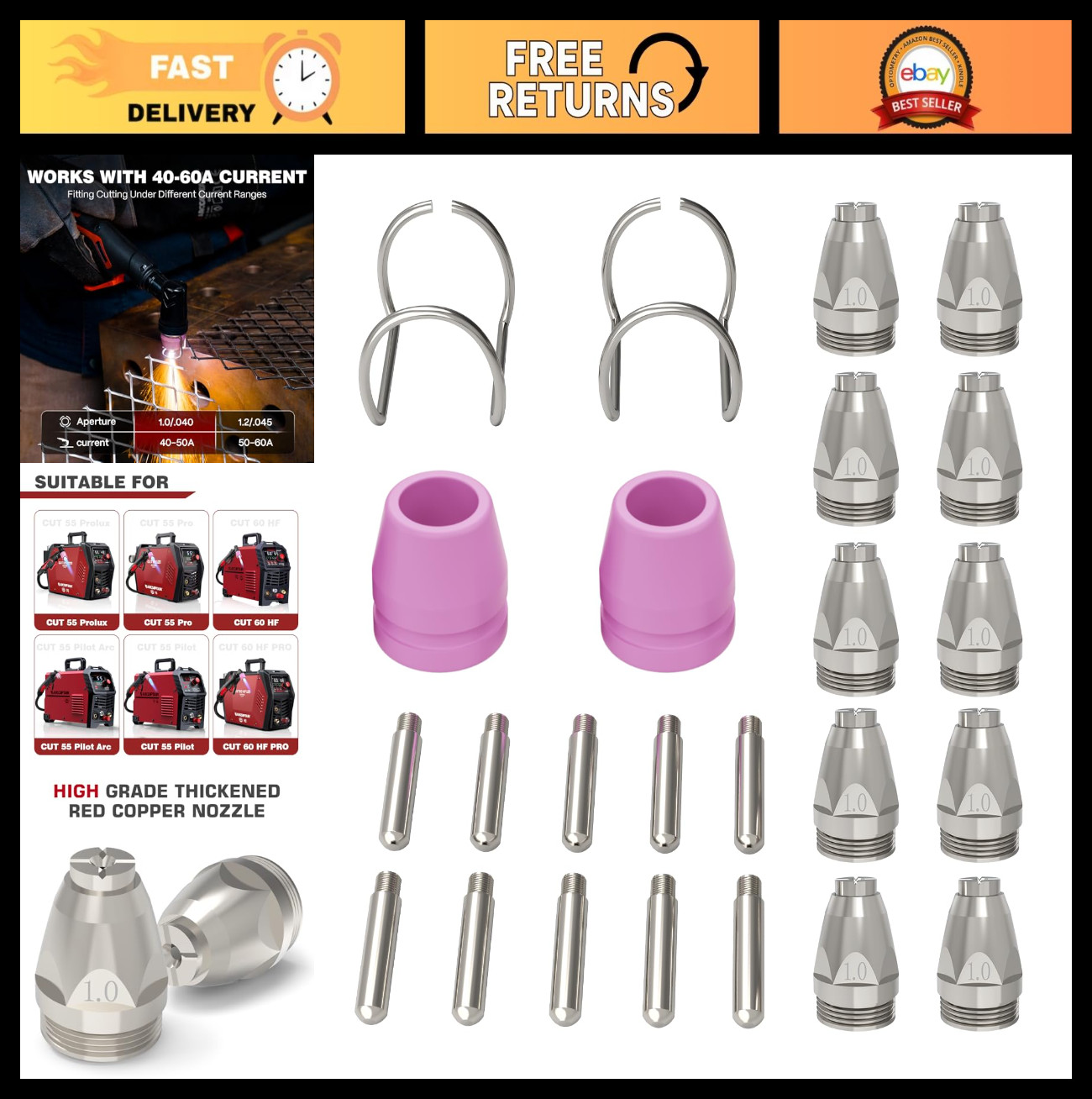 Plasma Cutter Torch Consumables 24Pcs .040” Accessories for SG-55 AG-60 Models