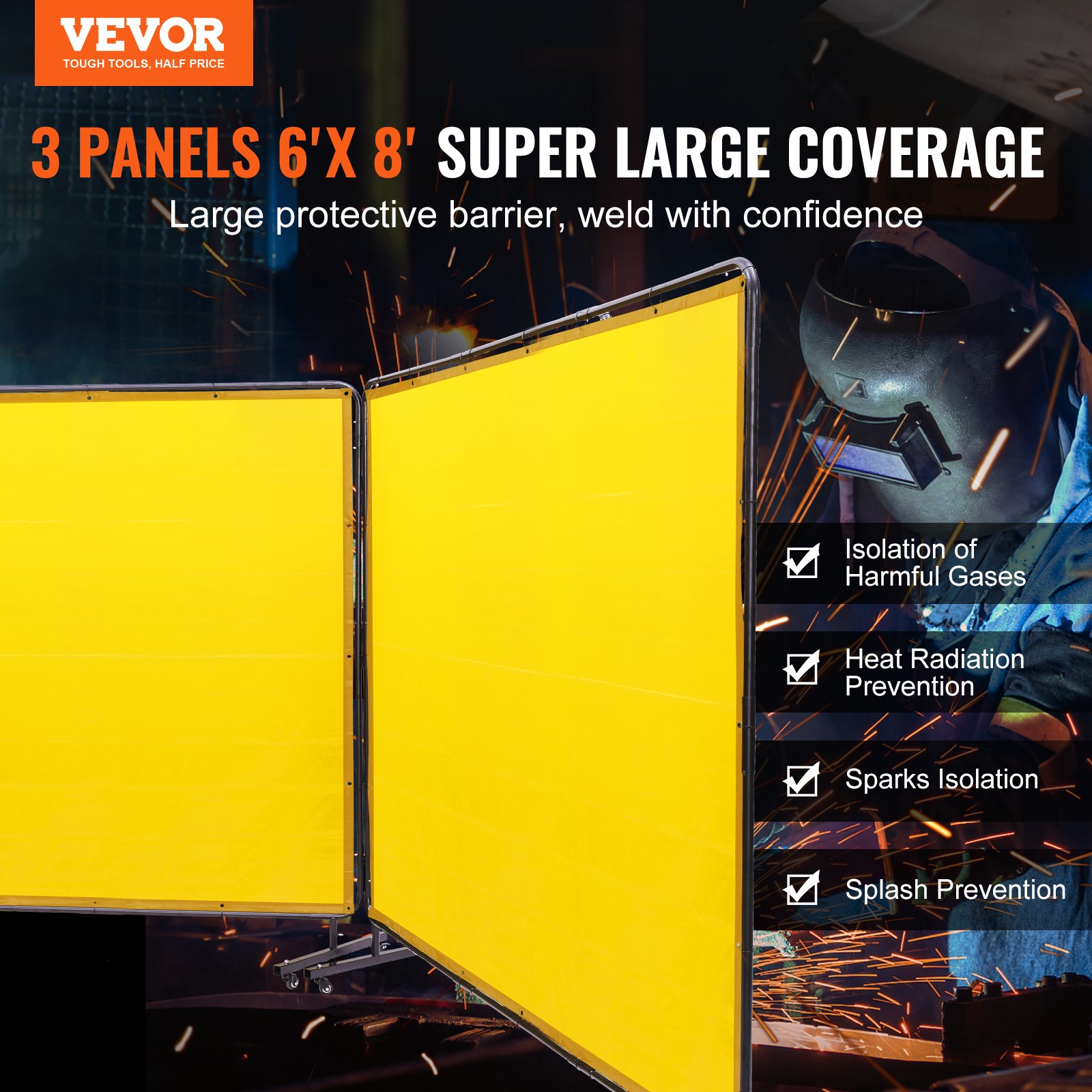 VEVOR Welding Screen with Frame 3 Panel 6′ x 8′ Welding Curtain Screen 12 Wheels