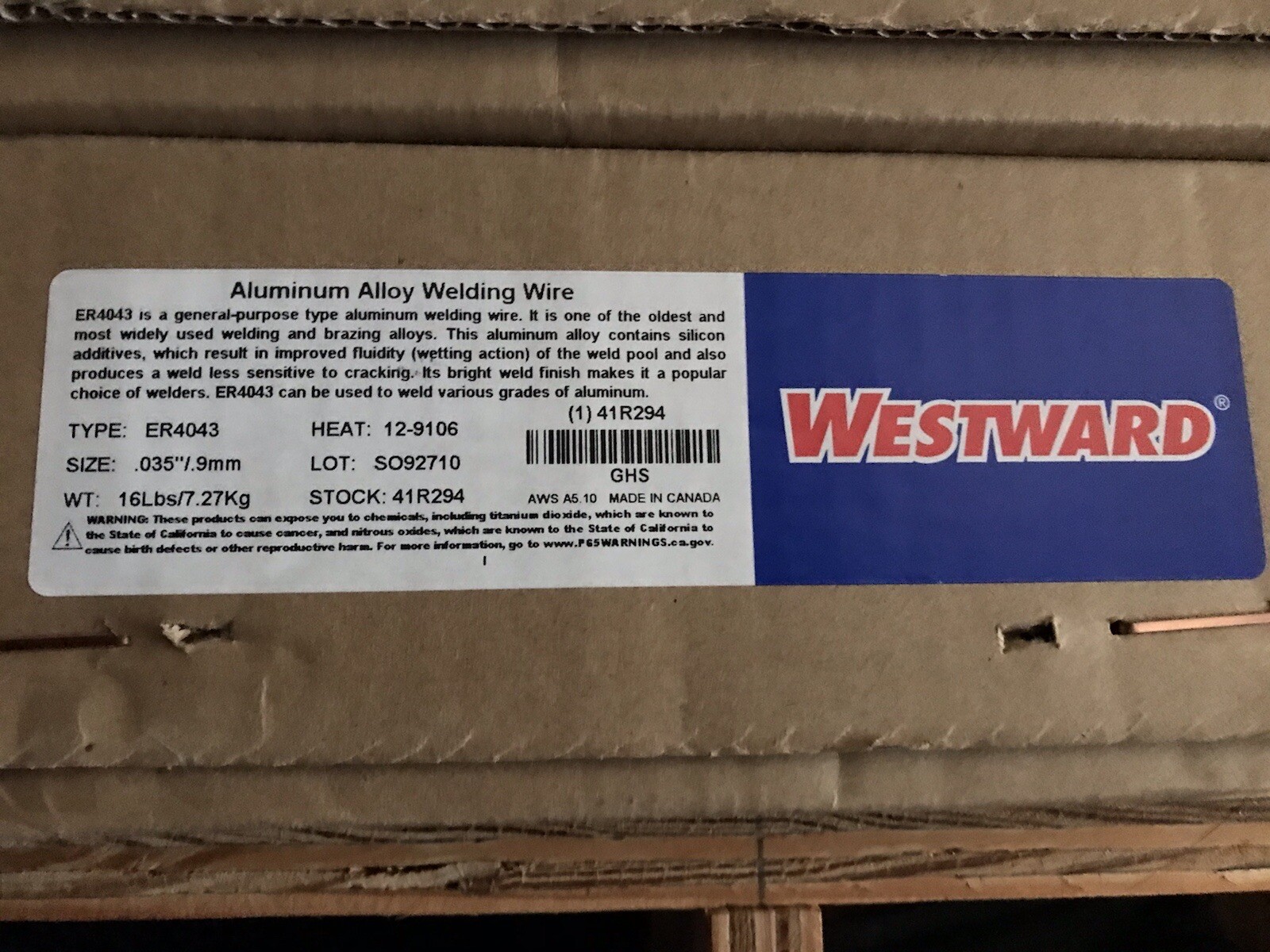 Westward 41R294 Mig Welding Wire,Er4043,0.035,16 Lb.