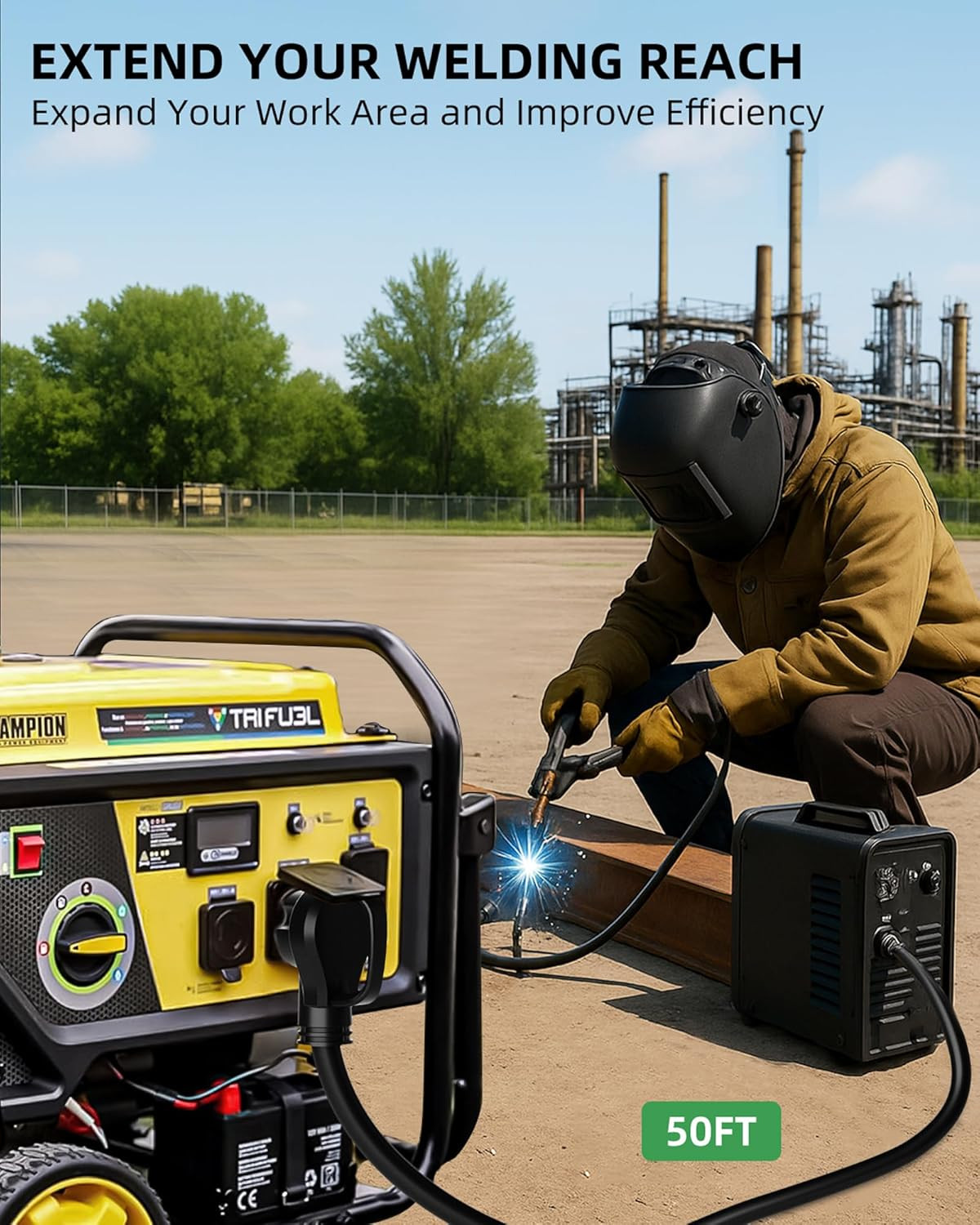 6 AWG 250V Welder Extension Cord, 50Ft Outdoor NEMA 6-50 Welder Cord with Light