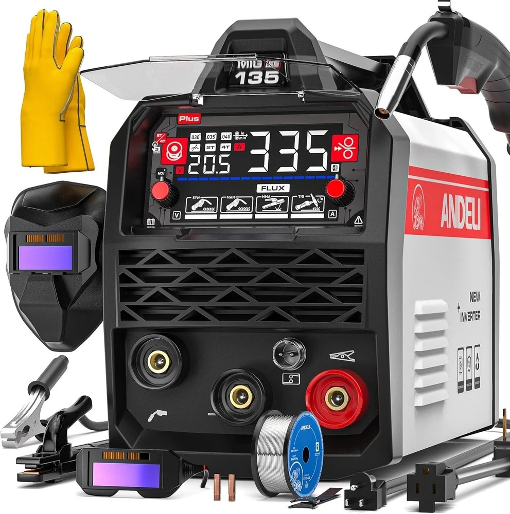 ANDELI 135A MIG Welder 110V/220V, PULSE Flux Core MIG/Lift Tig/Stick 3-in-1 Gasl
