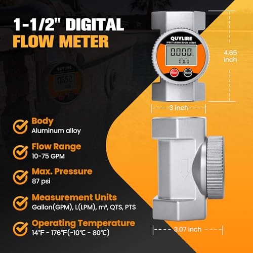 QUYLIRE Waterproof 1.5 Inch Water Flow Meter, 10-75 GPM Digital Inline Fuel F…
