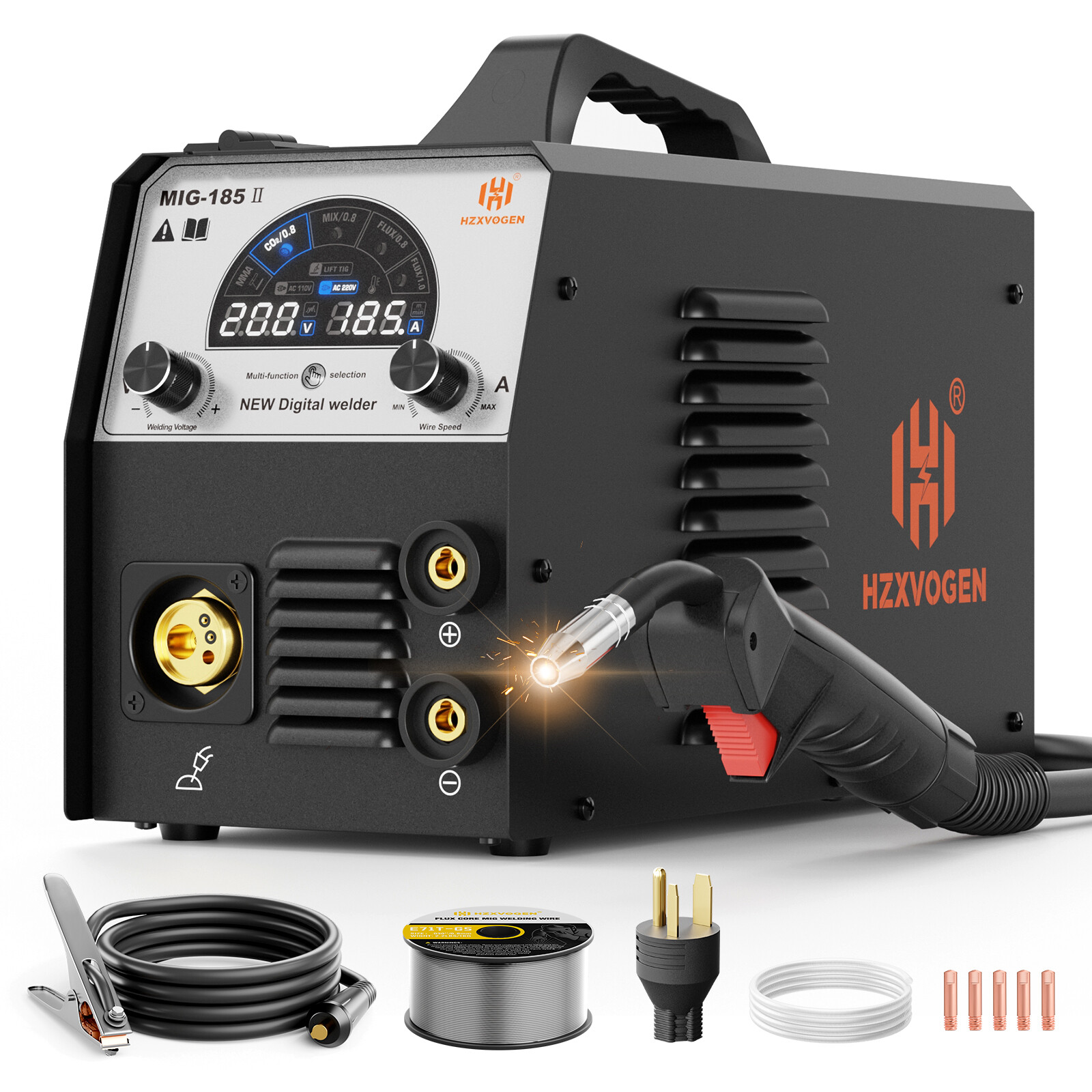 HZXVOGEN MIG185 Welding Machine 110V/220V TIG MMA MIG Welder Gas/Gasless 185Amp
