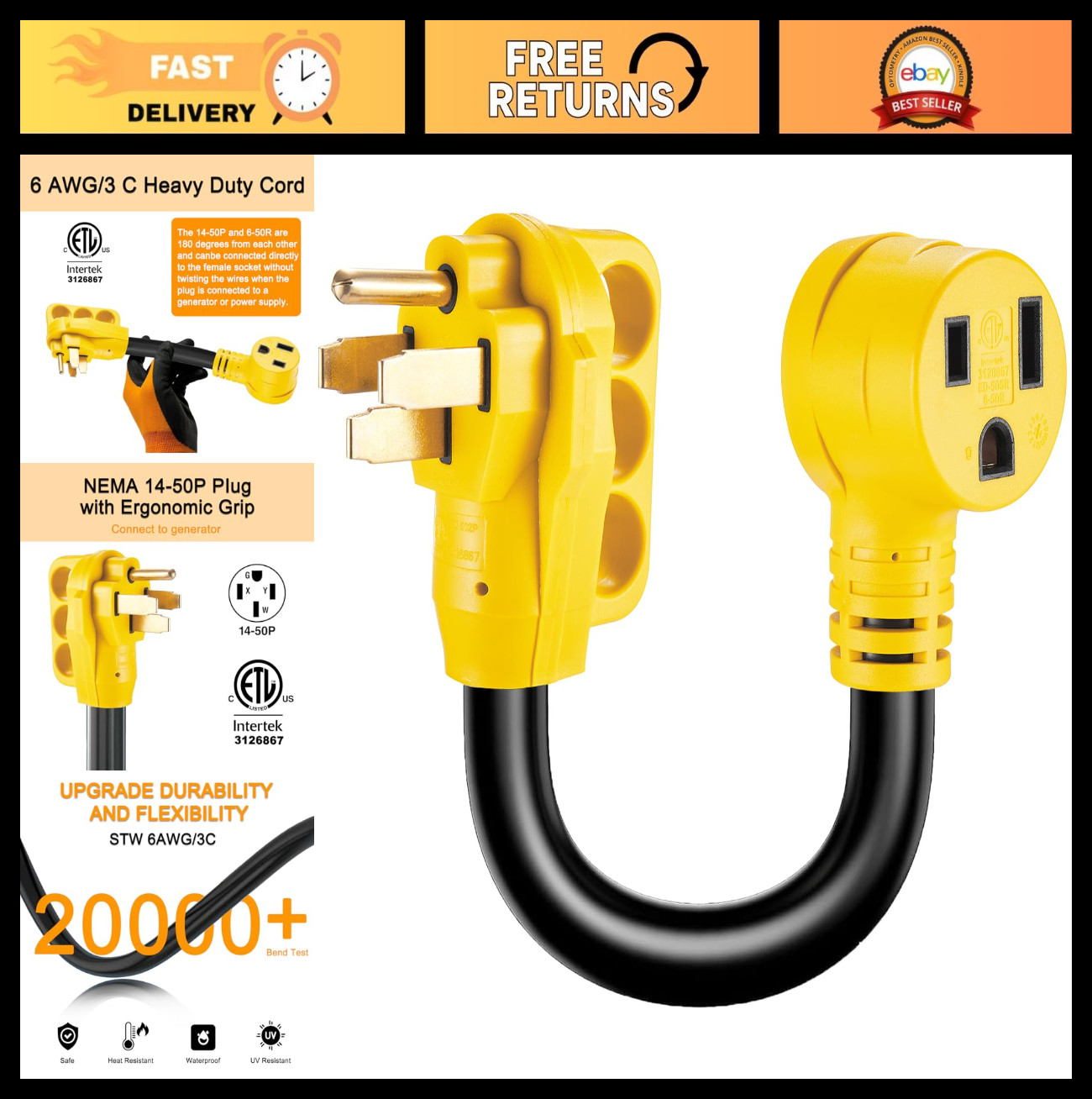 50 Amp Welder Adapter Cord, 6 AWG NEMA 14-50P to 6-50R, Heavy Duty 1ft, ETL List