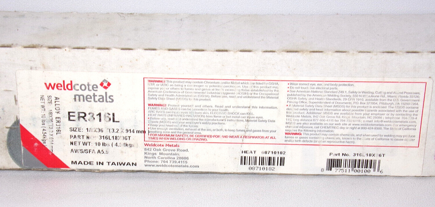 10lbs Weldcote Metals ER316L Welding Rod, 1/8″ x 36″ 316L18X36T, A5.9