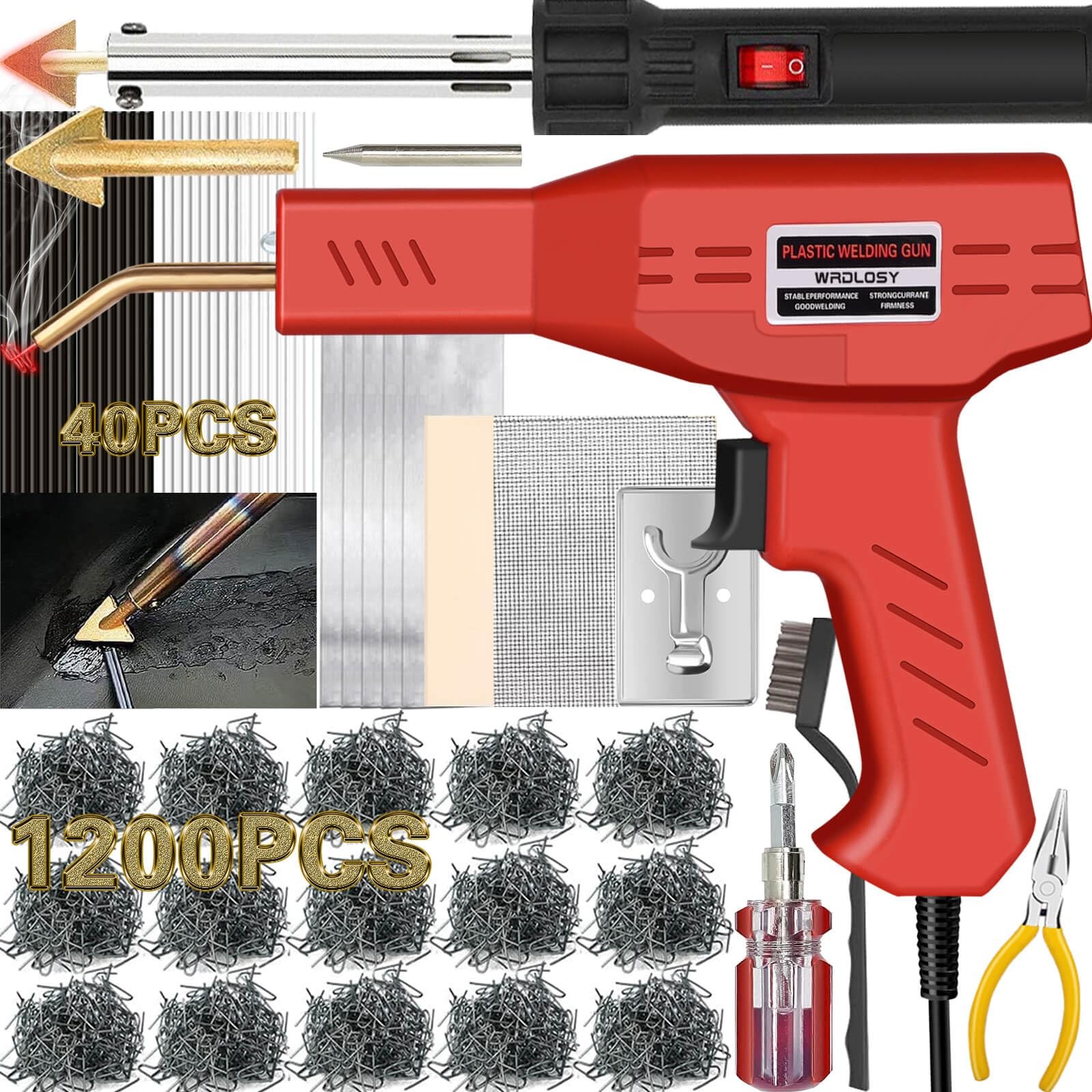 Wrdlosy 220W Plastic Welder, 1200PCS Staples 40PCS Rods Welding Red