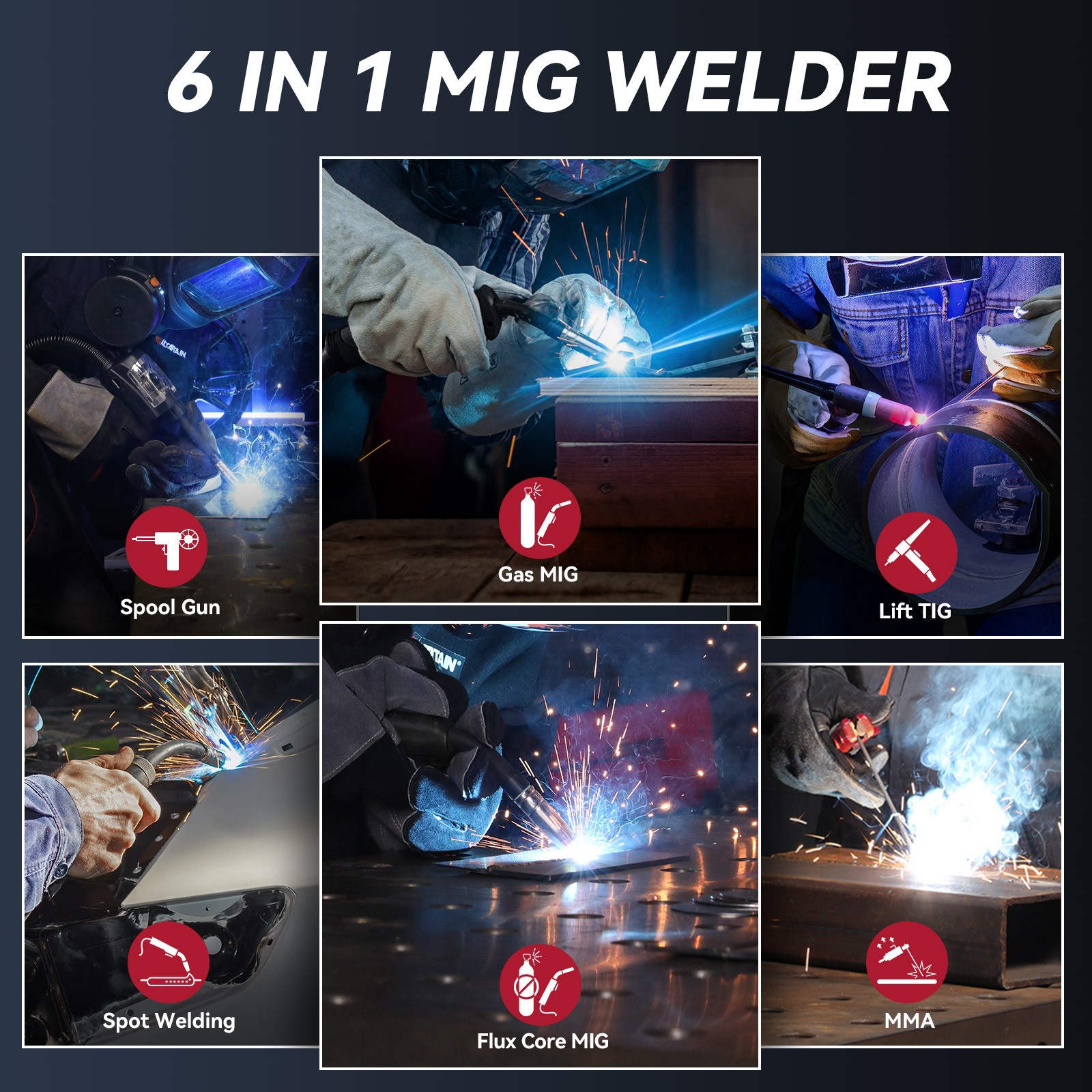ARCCAPTAIN 200A 6-in-1 MIG Welder Flux Core/Gas MIG/Lift TIG/Stick MMA 110V/220V
