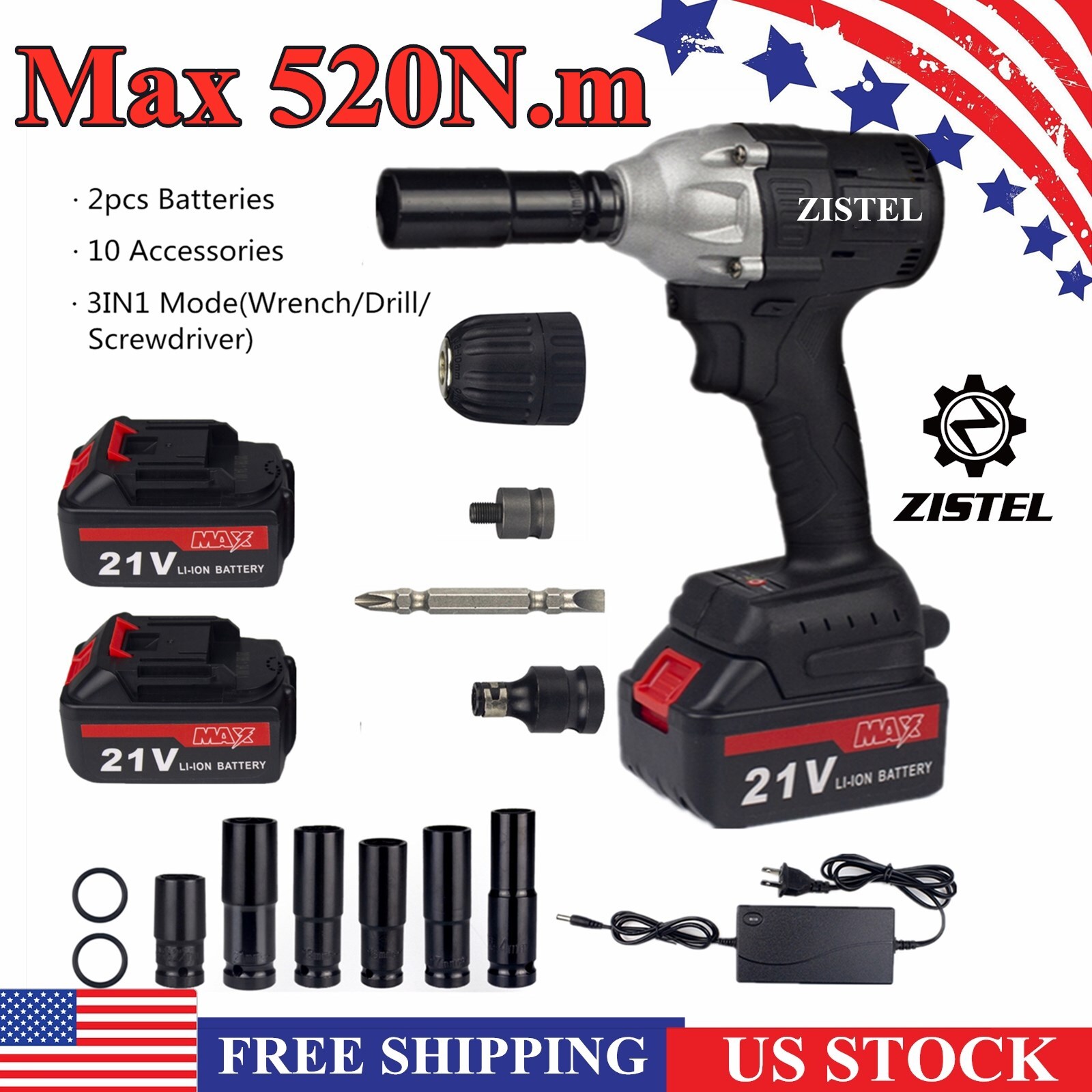 1/2″ Cordless Impact Wrench 520Nm High Torque Brushless Wrench Set + 2 Batteries