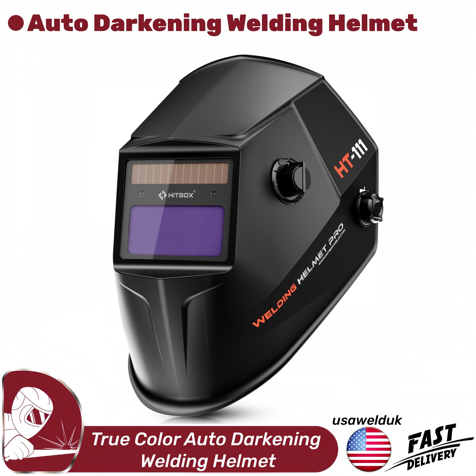 US HITBOX Auto Darkening Helmet Solar/Battery Power Large Viewed for MMA MIG TIG