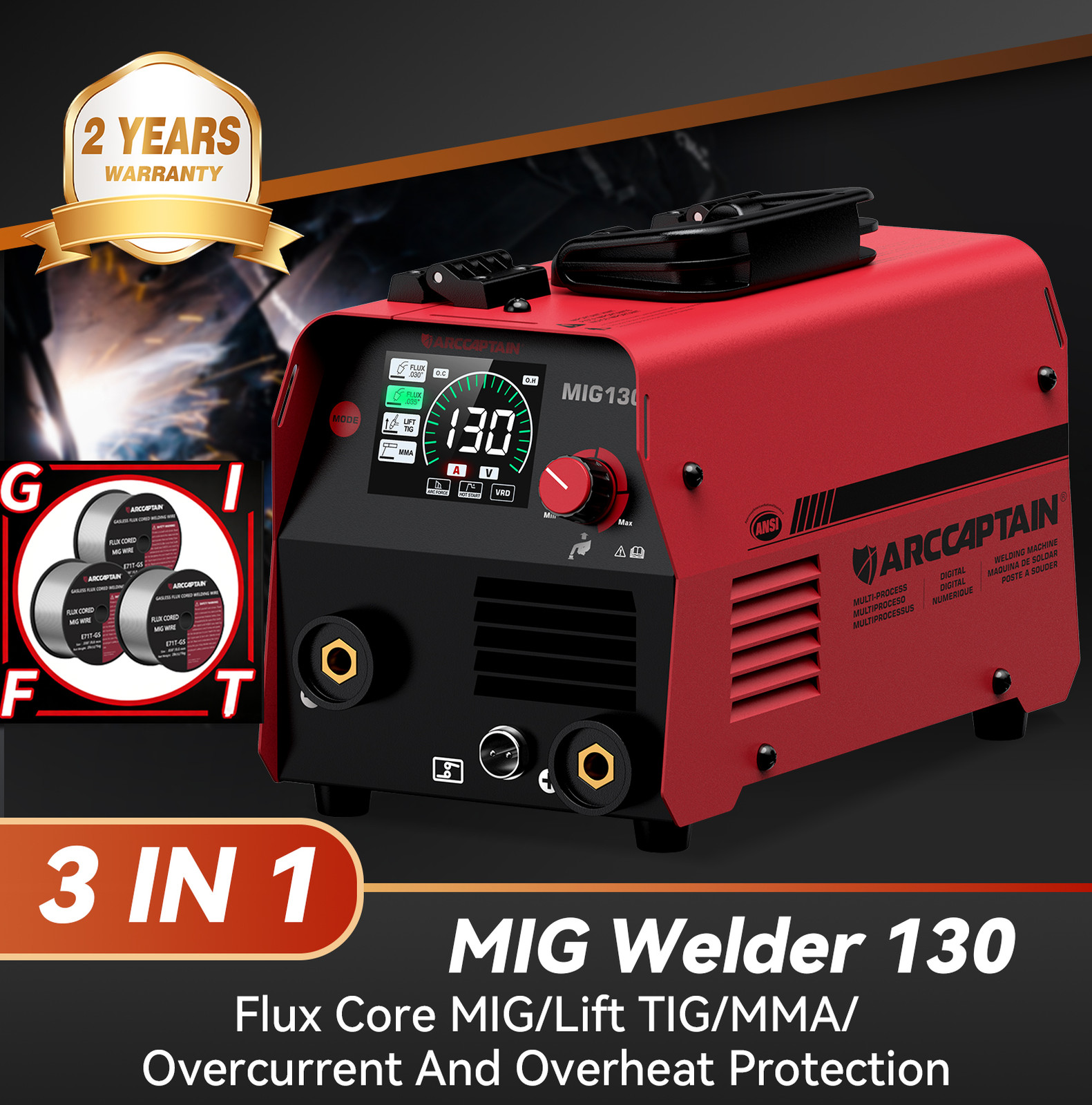 ARCCAPTAIN 3 in 1 MIG Welder 130A Flux Core MIG/Lift TIG/MMA Stick &Welding Wire