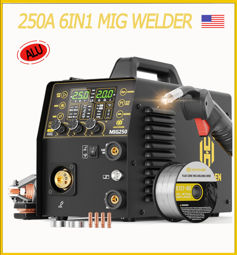 HZXVOGEN 6IN1 250A 2T/4T Gasless MIG Welder with Flux Cored Wire 110/220V