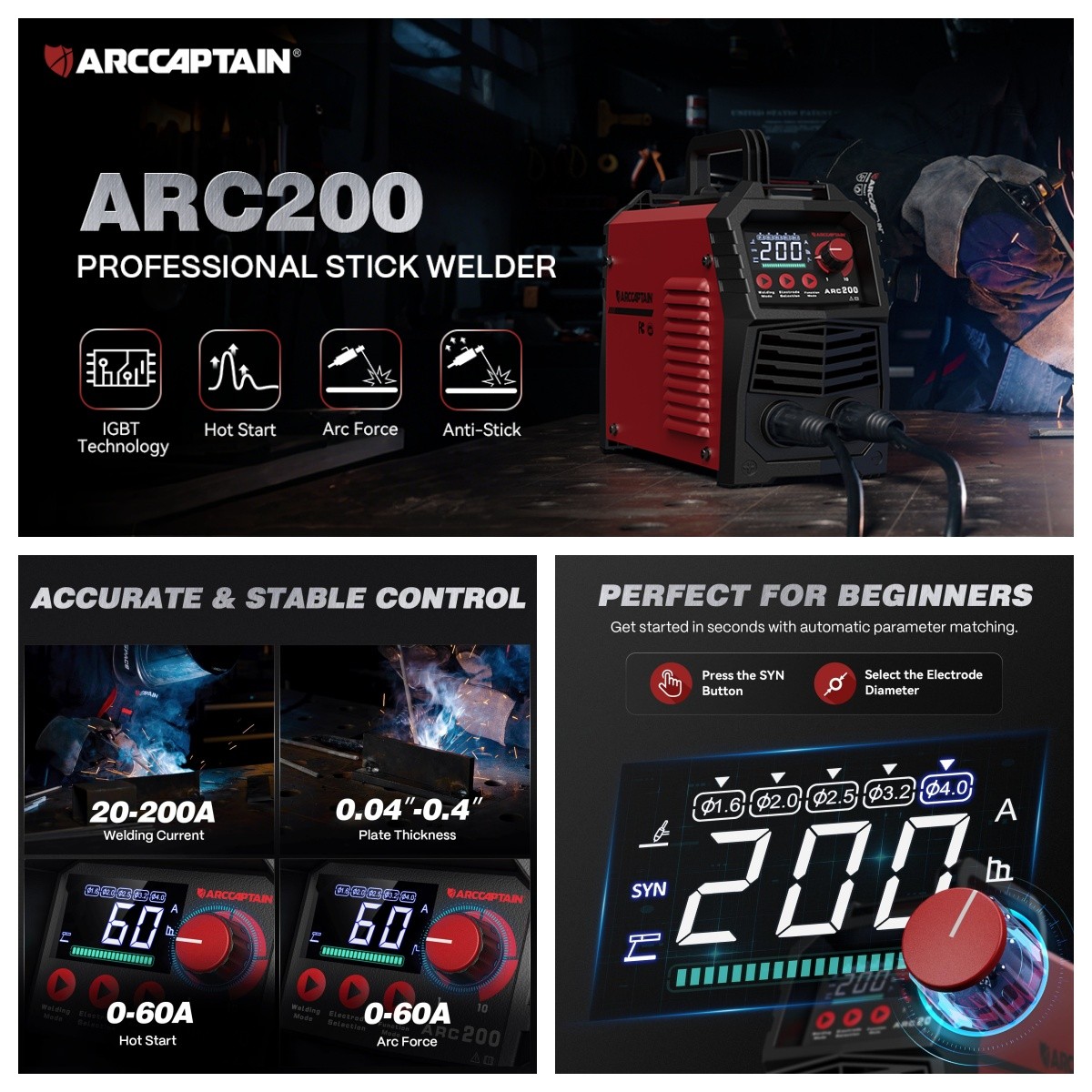 ARCCAPTAIN 200A ARC/Lift TIG Welding Machine IGBT Inverter 110V/220V LED Display