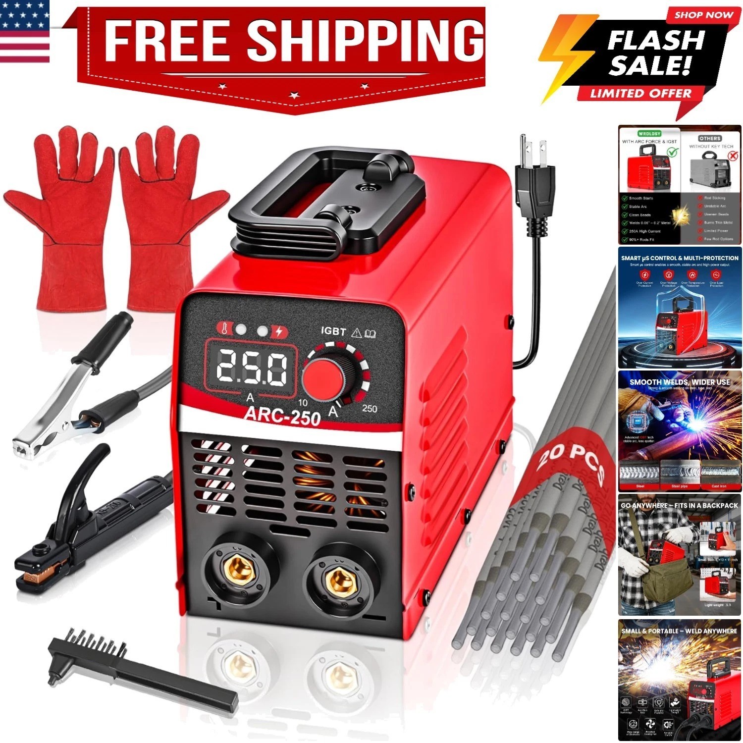 MINI Portable Stick Welder 250Amp, 110V Welding Machine with 20PCS Rods & Glo…