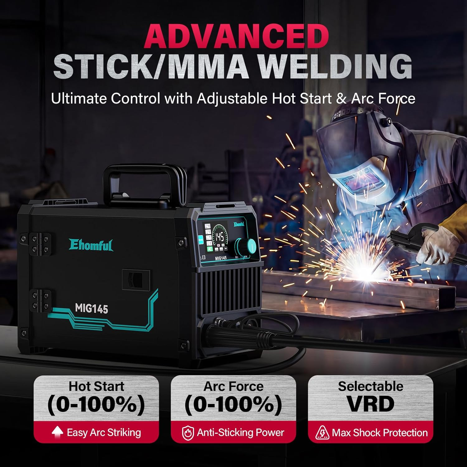 145A 4-In-1 MIG Welder,110V/220V Dual Voltage Gas Mig/Flux Core Mig/Lift Tig/Sti