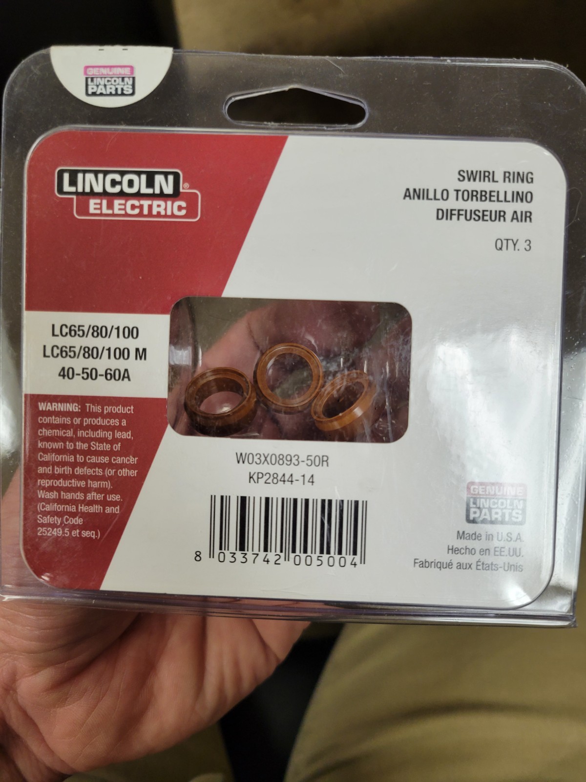 LINCOLN ELECTRIC KP2844-14 SWIRL RING 3/PKG FOR LC65/80/100, 40-50-60AMP
