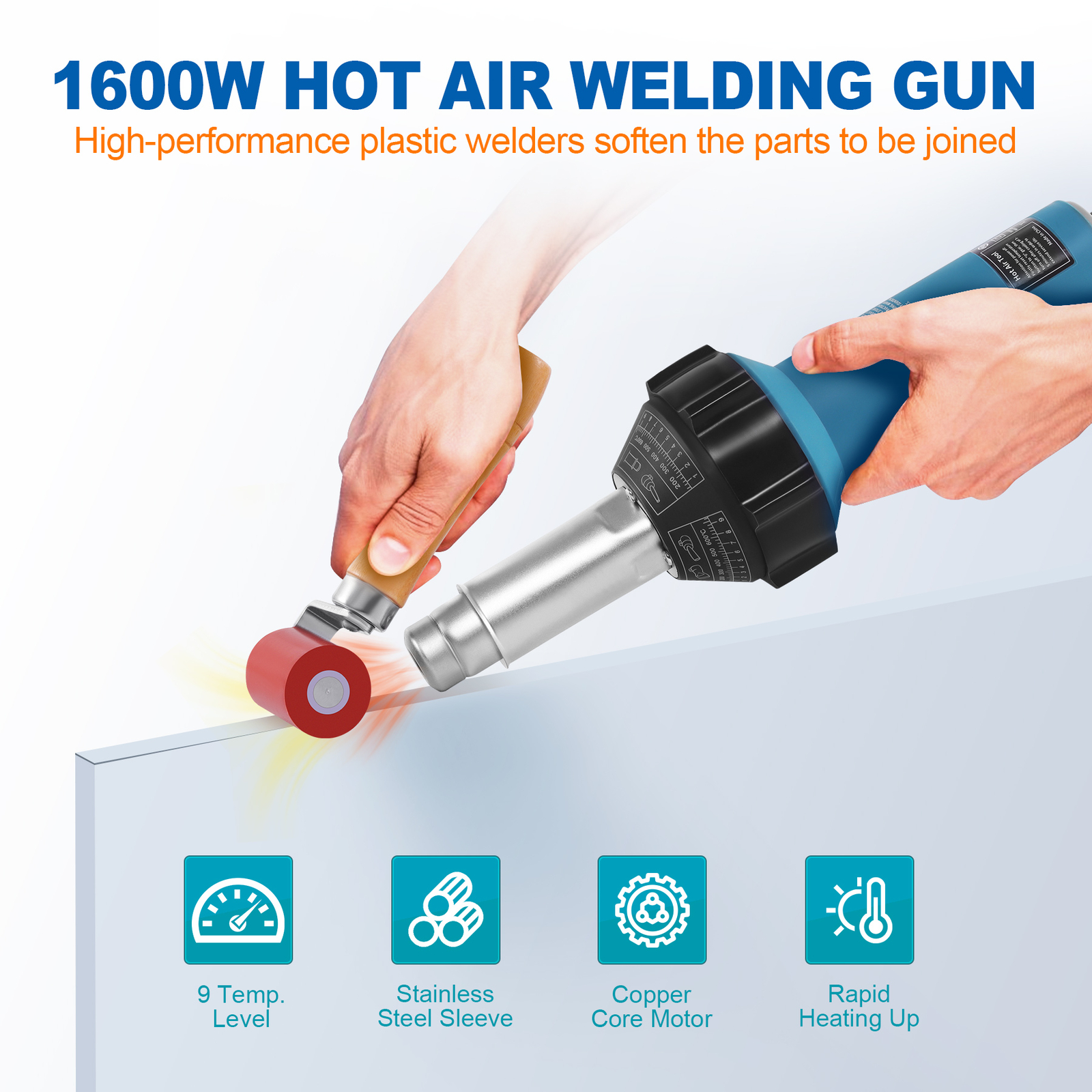 Hot Air Plastic Welder 1600W PVC TPO Vinyl Heat Gun Torch & 9 Accessories