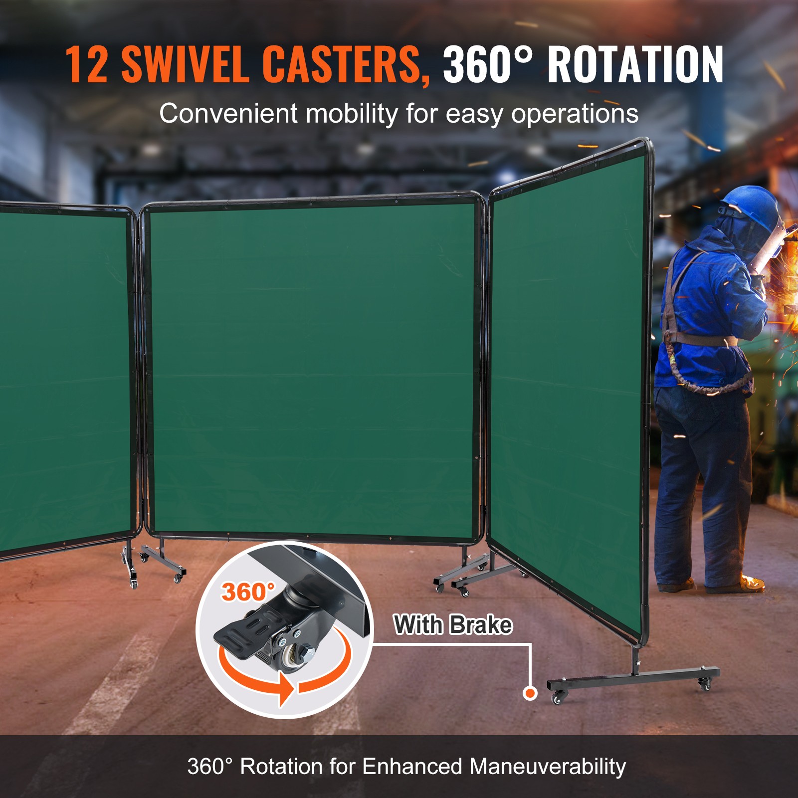 Uimoso Three-Panel Welding Screen with Frame, 6′ x 6′, Includes 12 Wheels