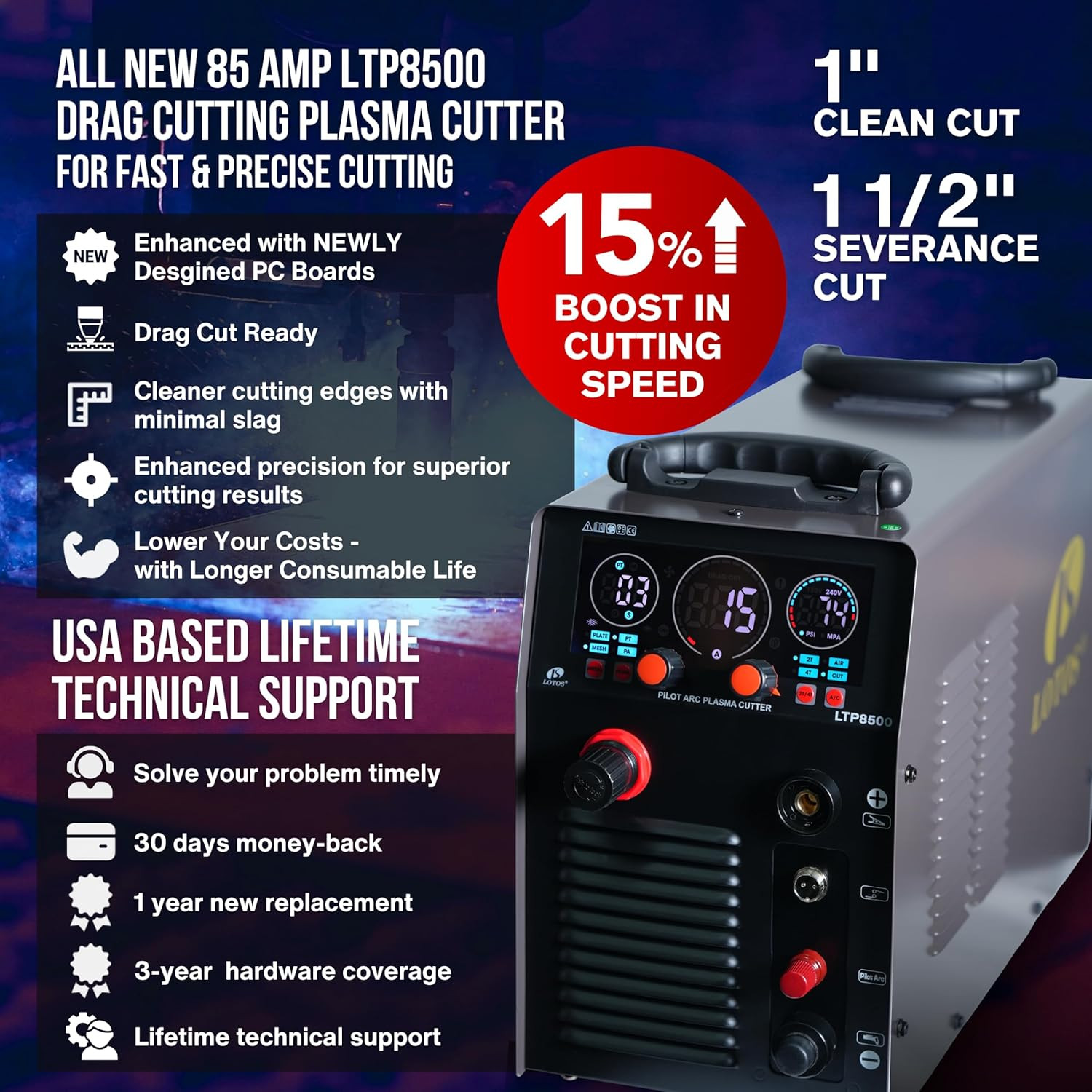 LTP8500 | 85A HF Pilot Arc Plasma Cutter, Drag-Cut Enabled, 1″ Clean (1.5″ Sever