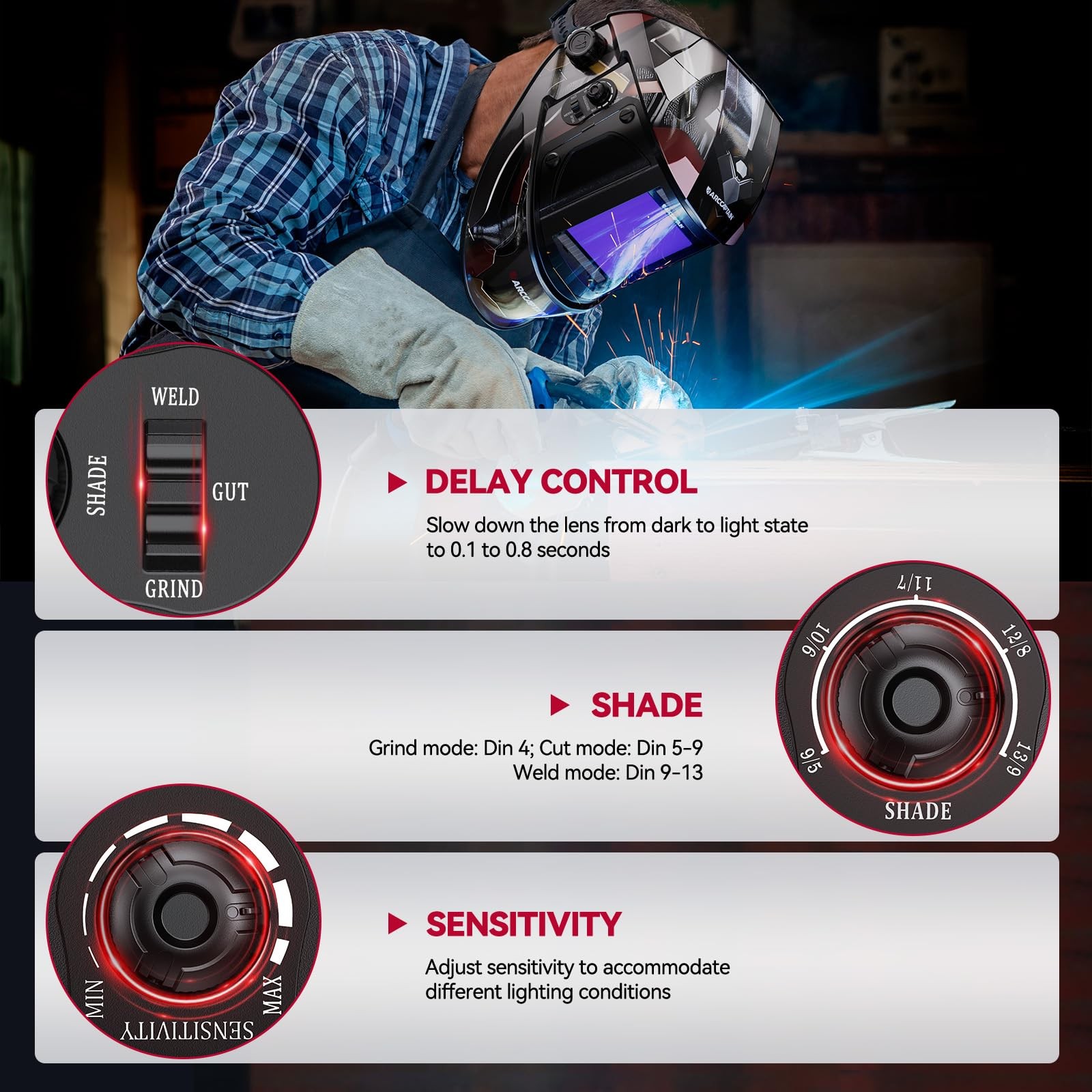ARCCAPTAIN True Color 1/1/1/1 Solar Power Auto Darkening Welding Helmet -Armour