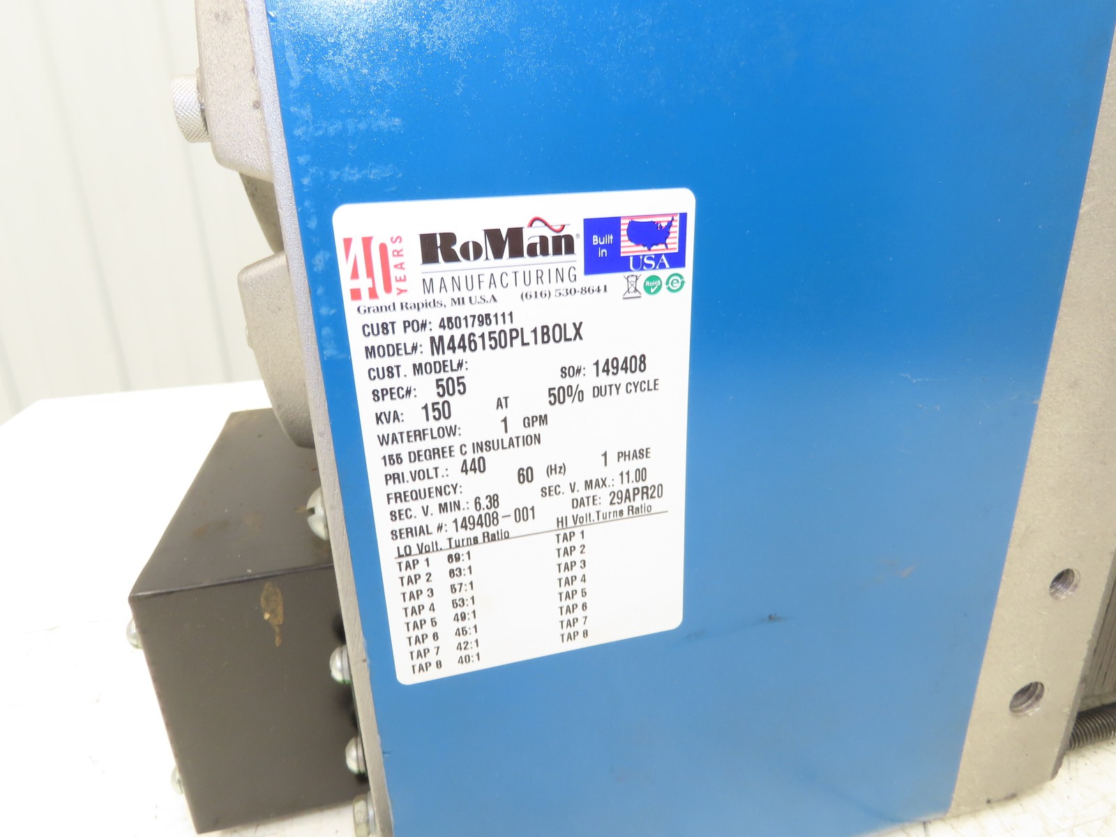 RoMan M446150PL1BOLX Spot Welding Transformer Power Supply 150KVA 1PH 440V 1GPM