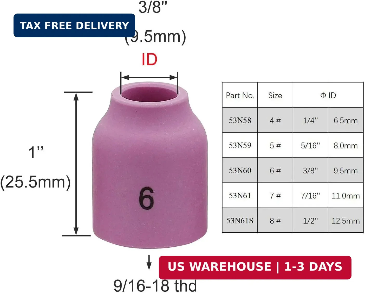 10PK TIG Gas Lens Alumina Nozzle 53N60 6# 3/8″ For SR WP- 9/20 & 17/18/26 | 10PK