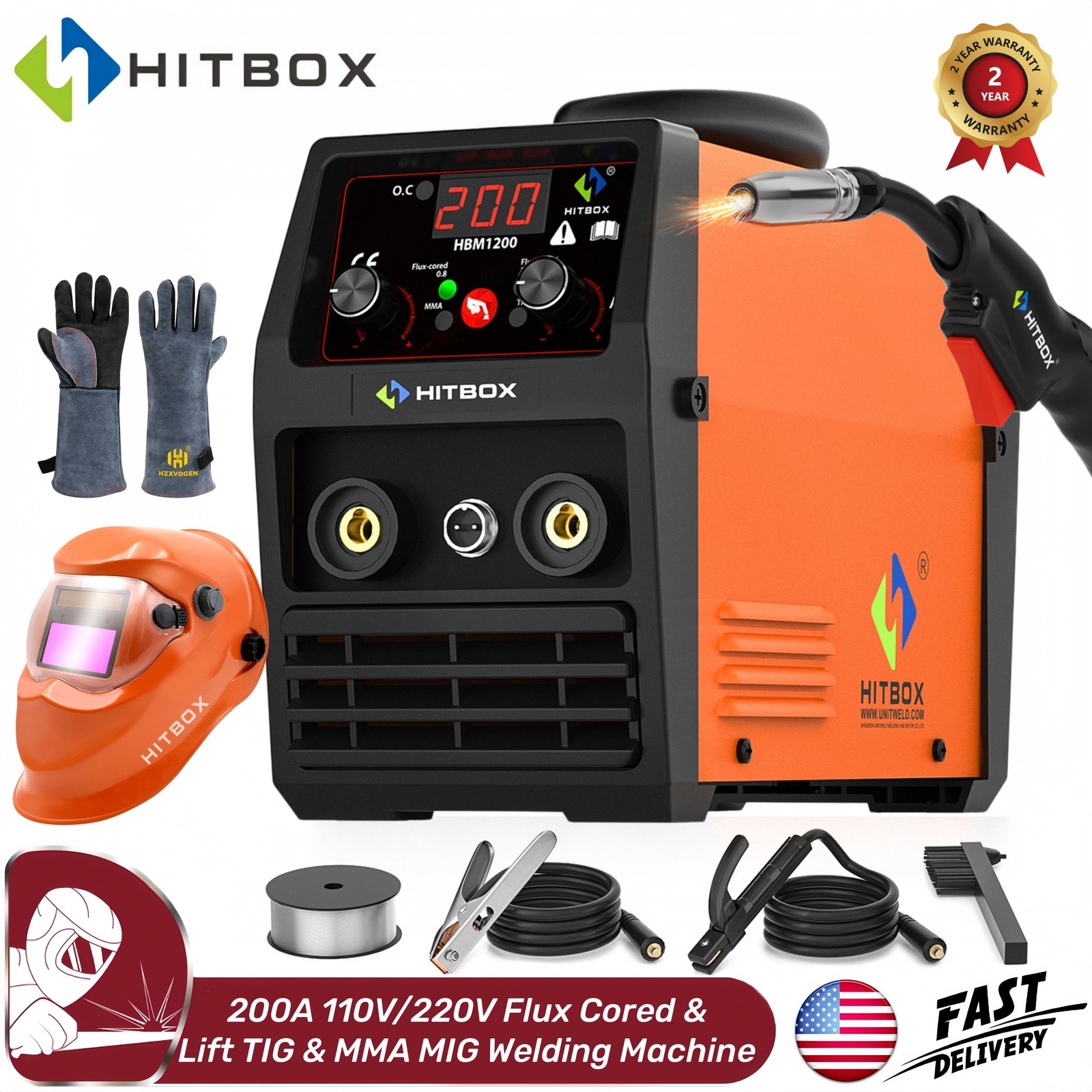 HITBOX 3in1 200A MIG Welder Flux Core 110V/220V MMA/TIG/MIG Welder & Helmet US