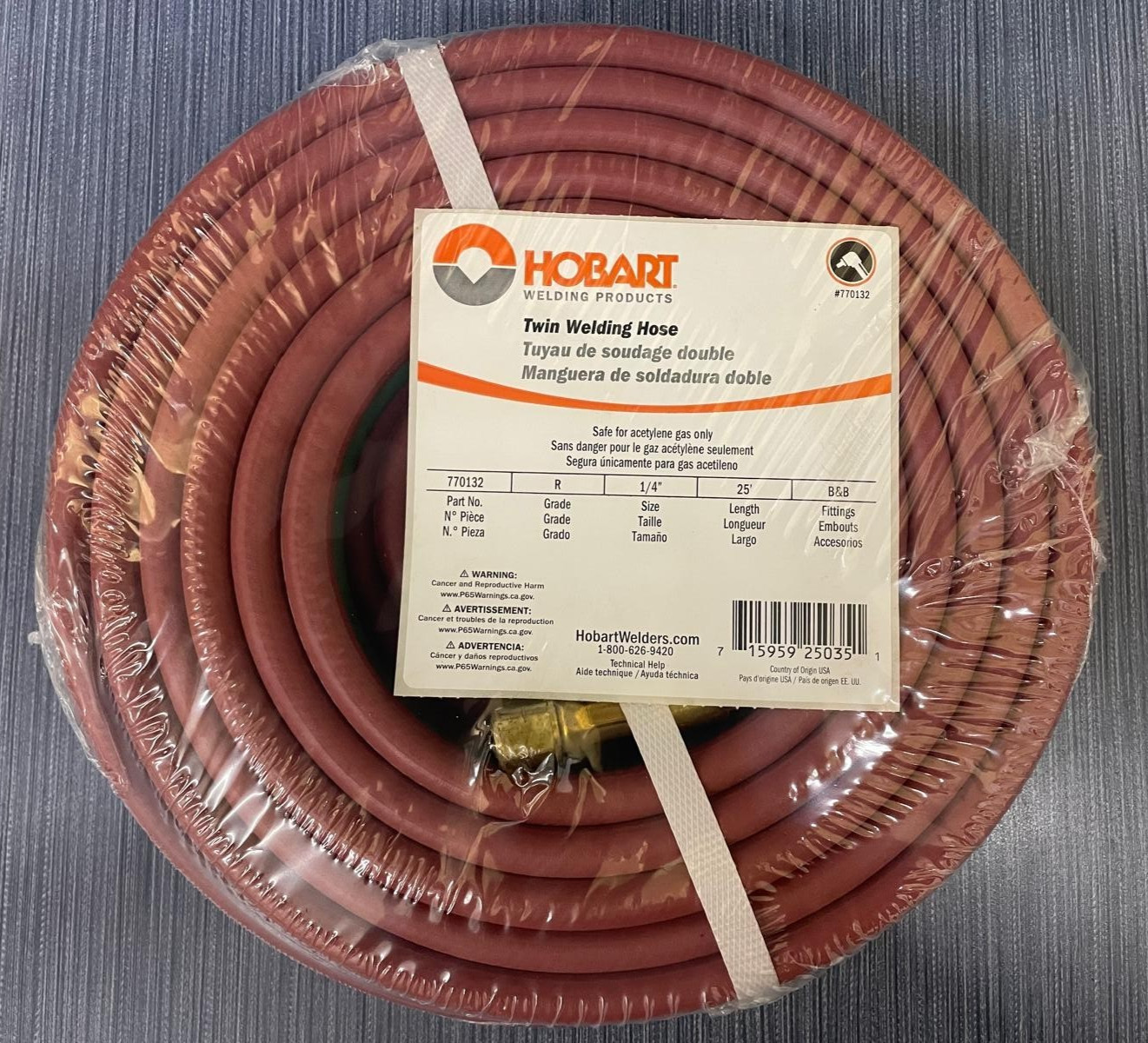 Hobart Oxy/AC Hose Grade R Twin Welding Hose 770132 ~ 1/4″ x 25′ B&B Fittings